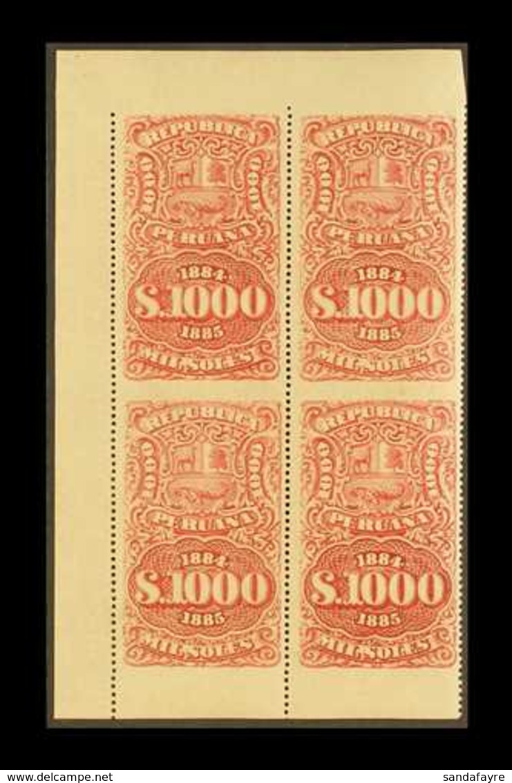 REVENUES 1884-85 1000s Carmine BLOCK OF 4 IMPERF HORIZONTALLY, Never Hinged Mint, Attractive & Very Rare. (4 Stamps) For - Peru