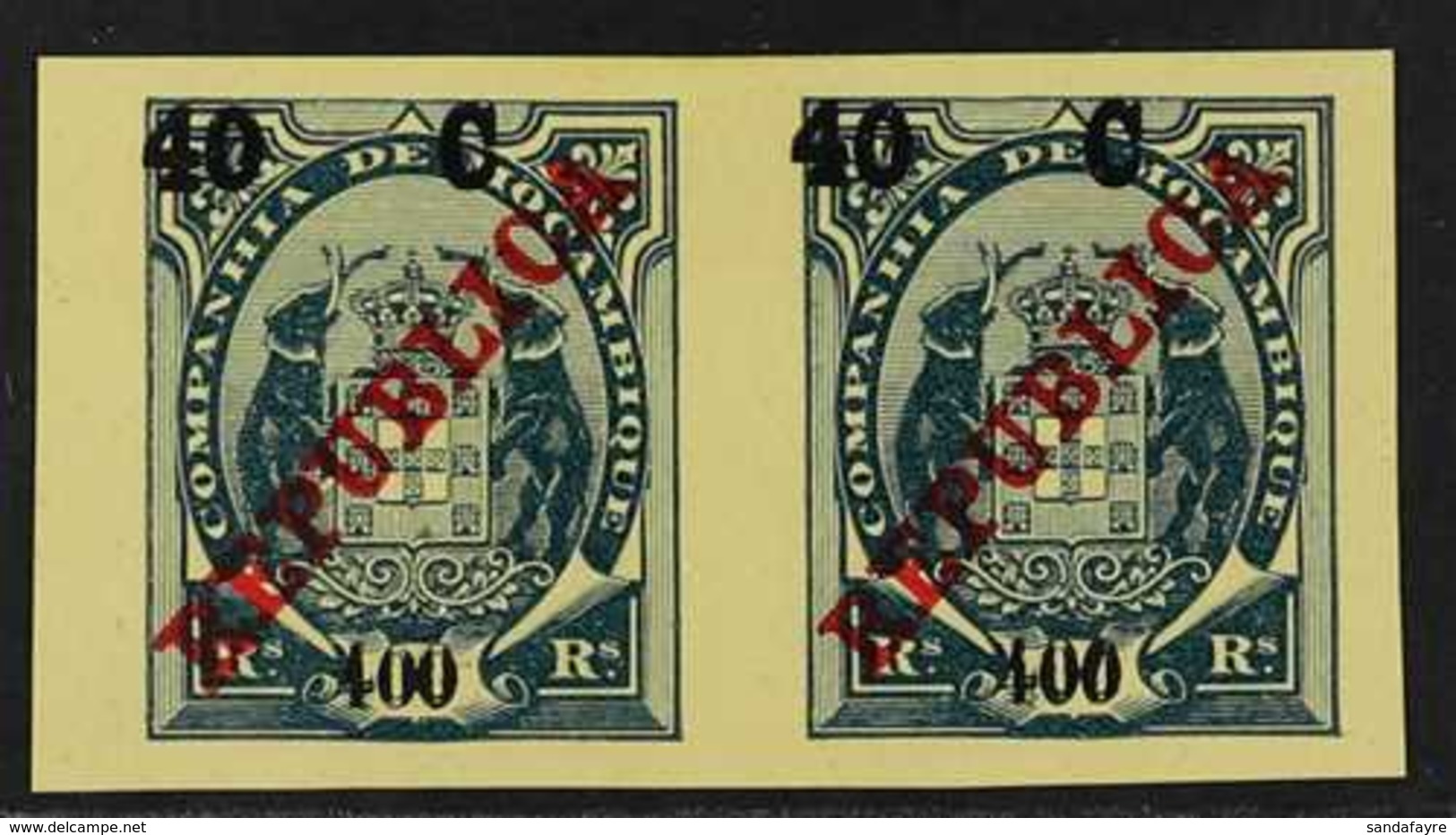MOZAMBIQUE COMPANY 1916 40c On 400r Blue On Yellow, "Elephant & Arms" IMPERF PROOF PAIR, As Afinsa 104, Four Giant Margi - Other & Unclassified