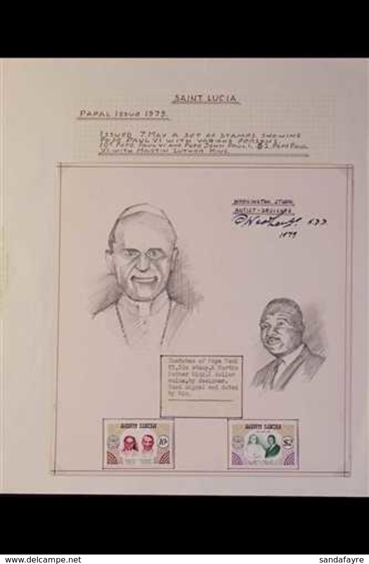 1979 DESIGN ARTWORK Group Of 4 Pages, Each Containing Pencil Sketches Of The Figures Found On The 1979 Pope Paul VI Comm - St.Lucia (...-1978)