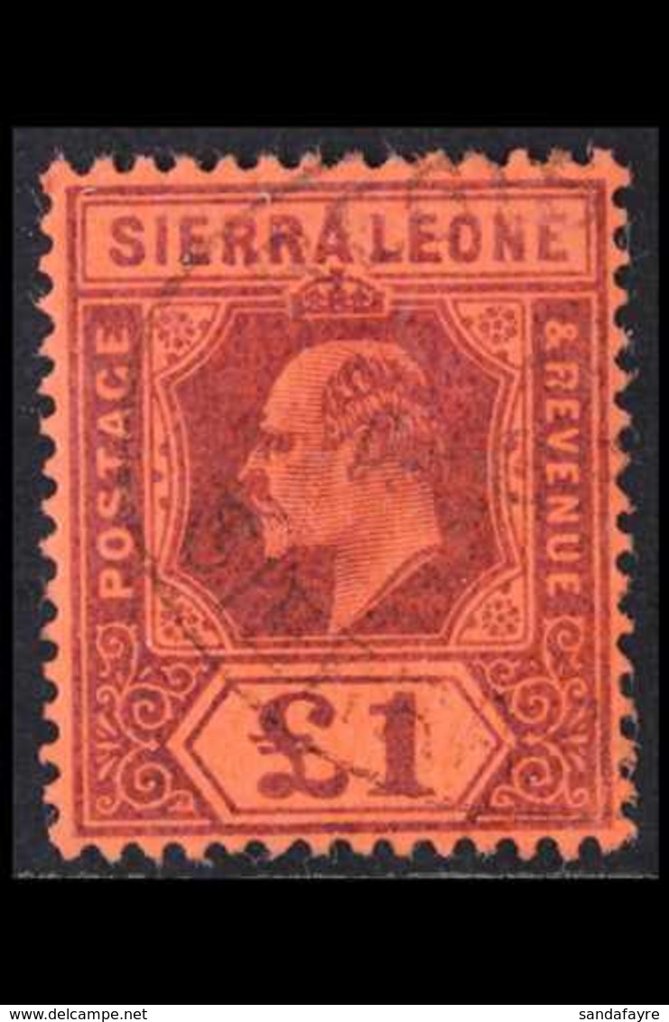 1903 £1 Purple On Red, Wmk CA, Ed VII, SG 85, Superb Used. For More Images, Please Visit Http://www.sandafayre.com/itemd - Sierra Leone (...-1960)