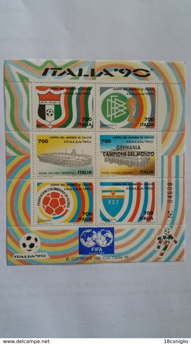 Italia 1990 Foglietto Con Sovrastampa Fifa, Germainia Campione Del Mondo E Coppa Rimet In Oro. - Errors And Curiosities