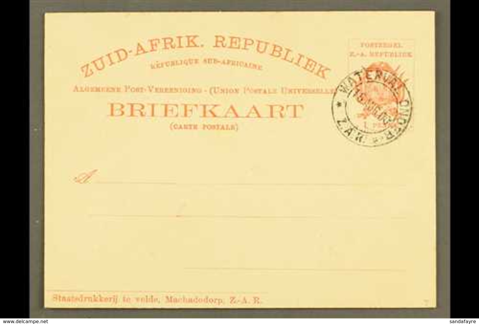 TRANSVAAL (ZAR) POSTAL STATIONERY 1900 1d Postal Card, H&G 7, Very Fine With WATERVAAL ONDER / Z.A.R Cto Cancellation Of - Unclassified