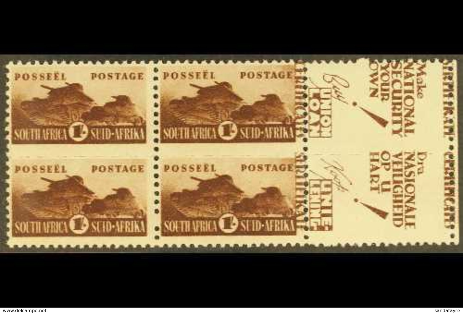 1942-4 1s Brown, Bantam War Effort, Right Marginal Block Of 4 (2 Units) With "CERTIFICATE" & "SERTIFIKATE" Printed On Th - Unclassified