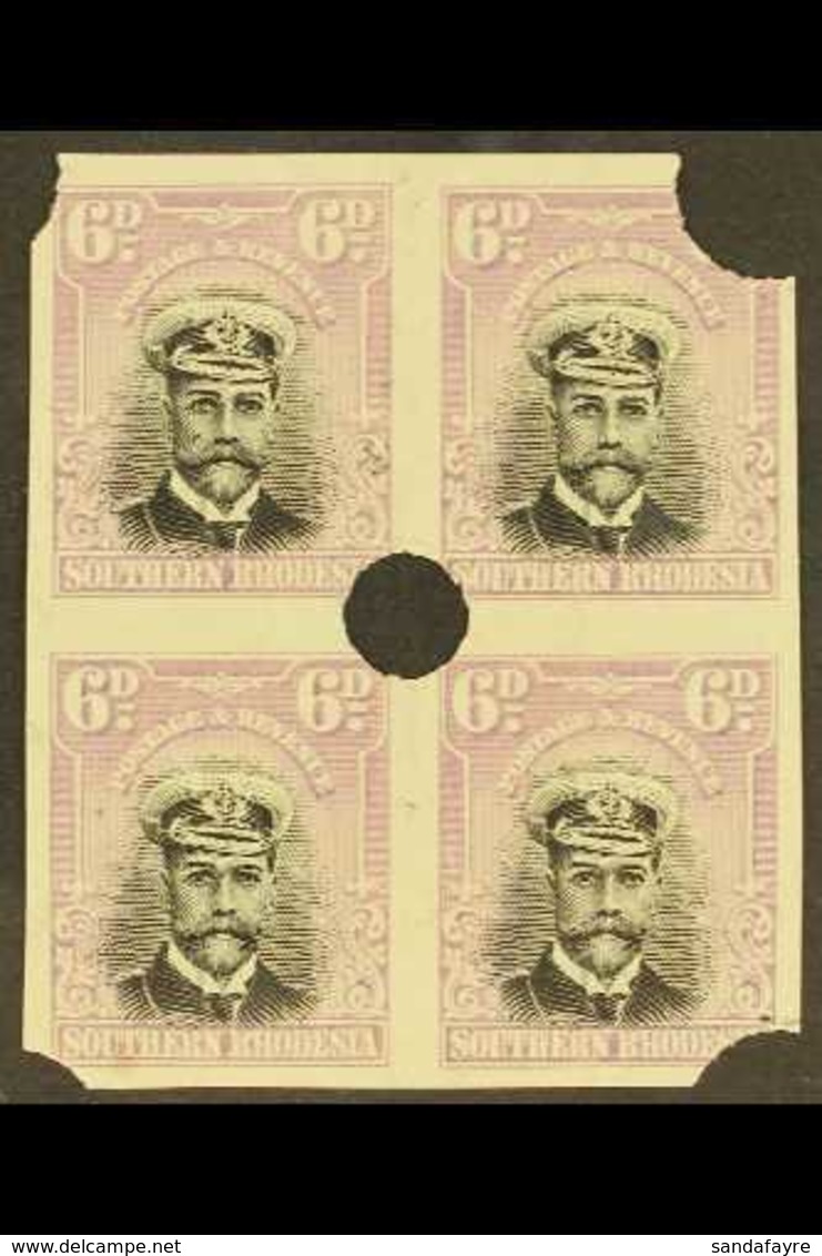 1924 6d Black And Mauve, As SG 7, Admiral Block Of 4, Imperf Punched Proofs Of Complete Design From The Waterlow Archive - Southern Rhodesia (...-1964)