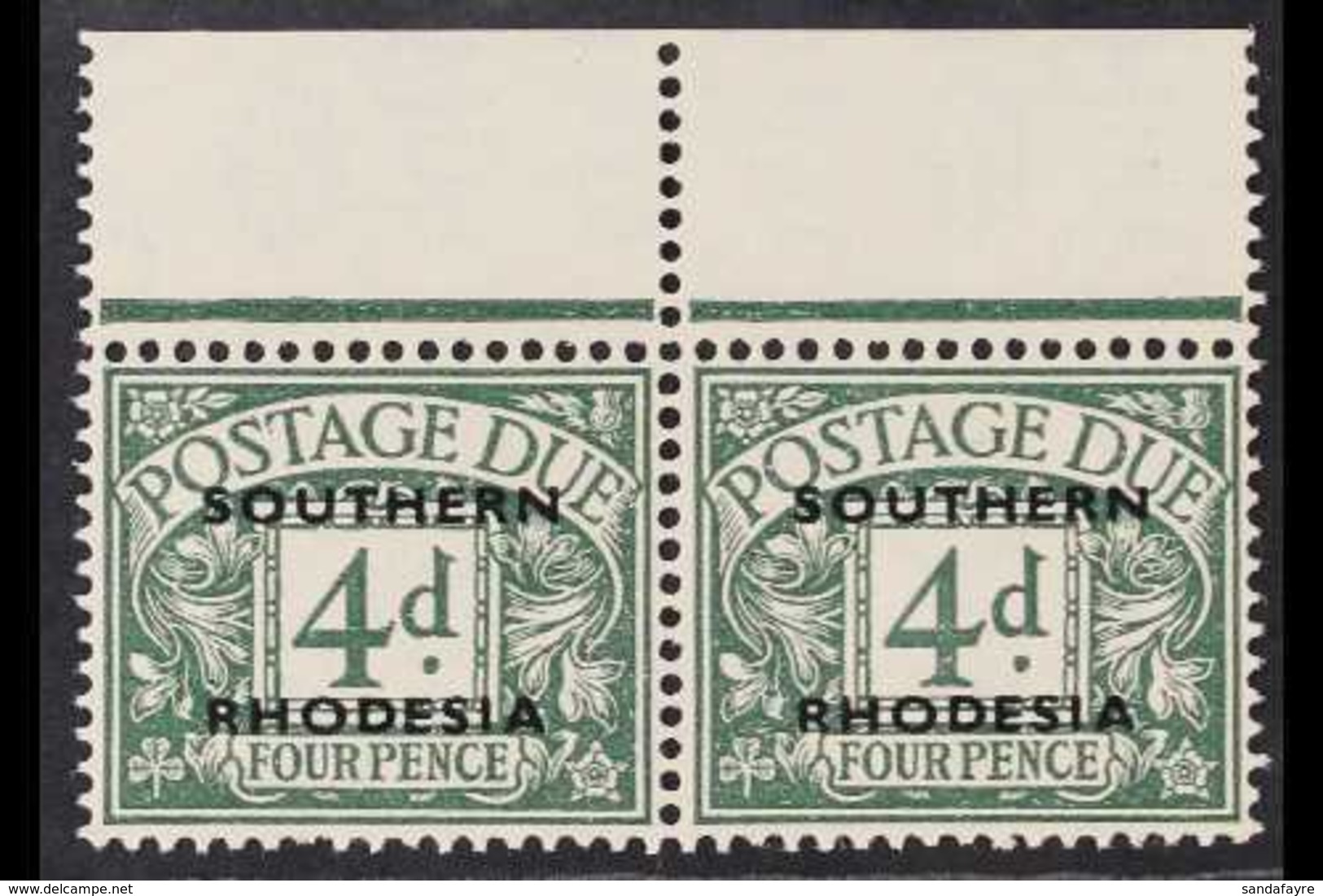 POSTAGE DUES 1951 4d Dull Grey Green, SG D6, Very Fine Never Hinged Top Margin Horizontal Pair. Elusive Stamp. For More  - Southern Rhodesia (...-1964)