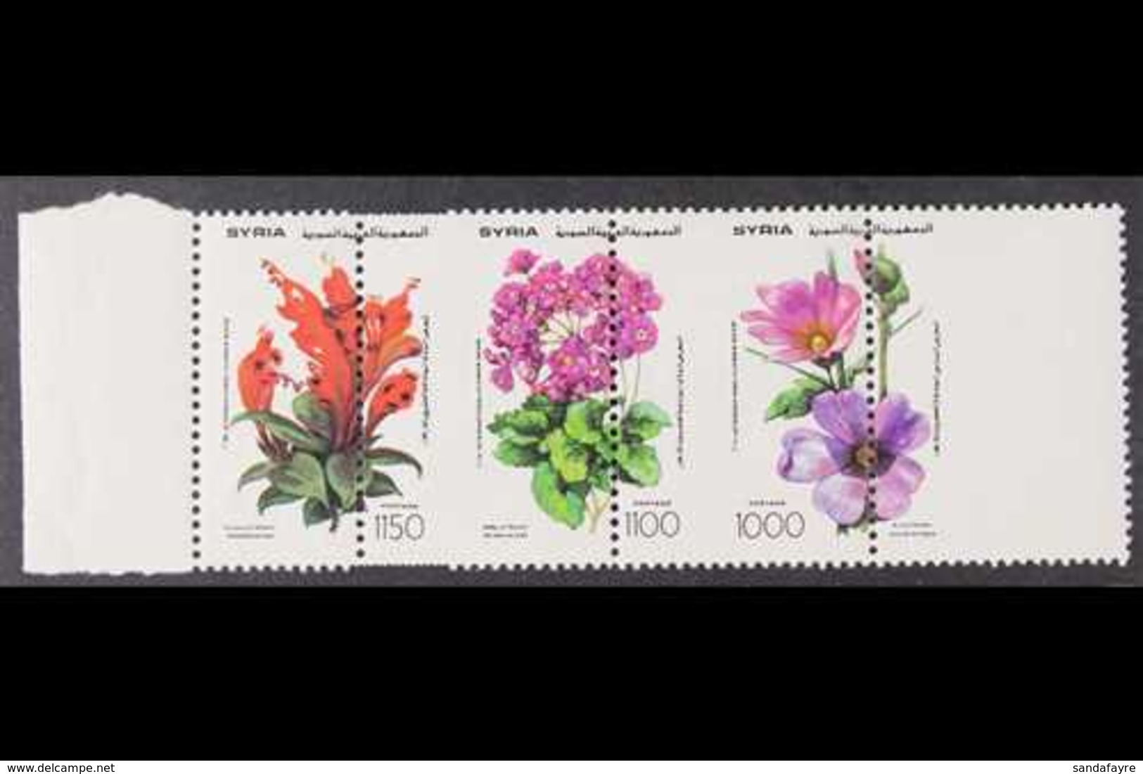 1993 Flower Show Se-tenant Strip Of Three (SG 1869a, Scott 1295), With Dramatic Vertical Perf Shift, Never Hinged Mint.  - Syria