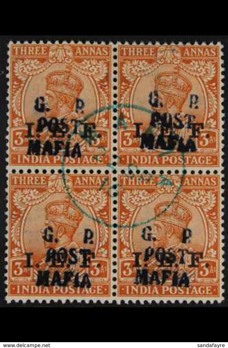 MAFIA ISLAND 1915 3a Orange I.E.F, Ovptd In Dull Blue, SG M38, Superb Used Block Of 4 With Central "Mafia 22 Sep 16" Cds - Tanganyika (...-1932)