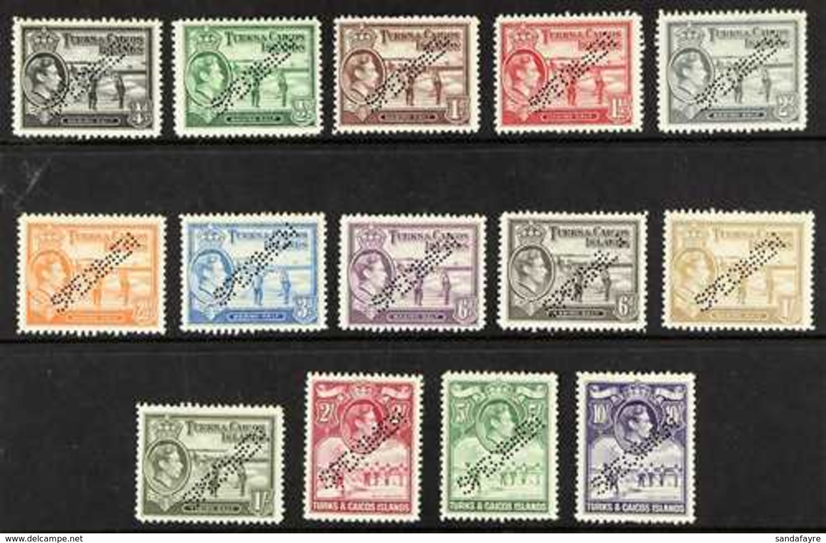 1938-45 Pictorials Complete Set Perforated SPECIMEN, SG 194s/205s, Fine Mint, Fresh & Scarce. (14 Stamps) For More Image - Turks And Caicos