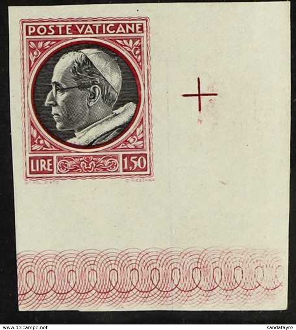 1945 Pope Pious XII 1L50 Red And Black IMPERF, Sass 95b, Corner Marginal Never Hinged Mint. For More Images, Please Visi - Other & Unclassified