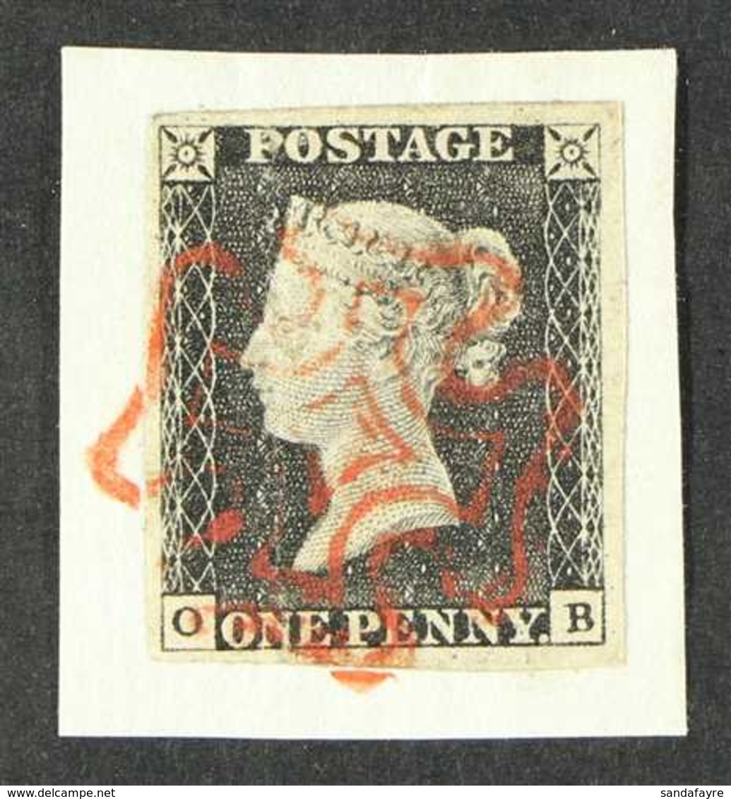 1840 1d Black 'OB' Plate 4, SG 2, 4 Large Margins, On Piece Tied By Fine Red MC Cancellation, Faint Vertical Crease. For - Unclassified