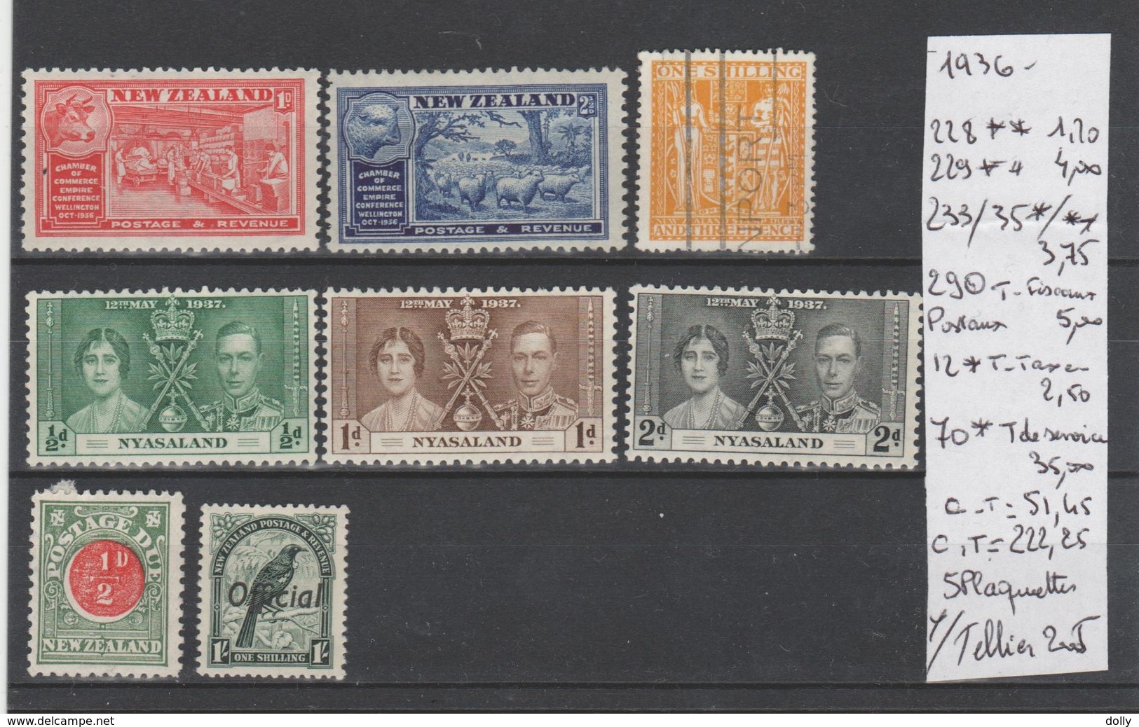 TIMBRE DE NOUVELLE-ZELANDE  NEUF**/*/(*)  OBLITEREES 1879-98-1909-35-36 Nr VOIR SUR PAPIER AVEC TIMBRES  COTE 222.25   € - Unused Stamps