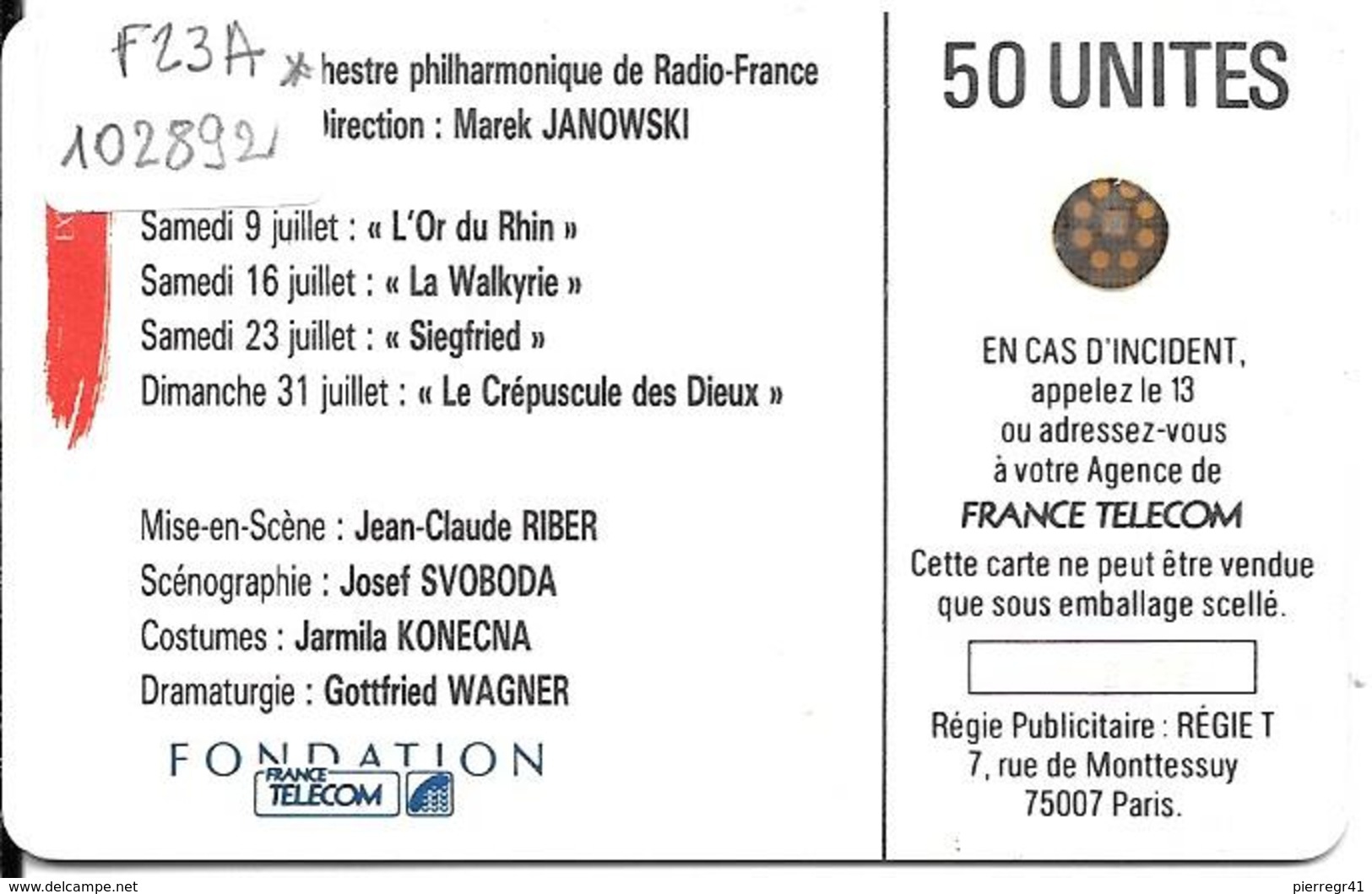 CARTE-PUBLIC-F23A-50U-SC4 On-1988-WAGNER-V°N°6Pe 102892--UTILISE-TBE LUXE - 1988