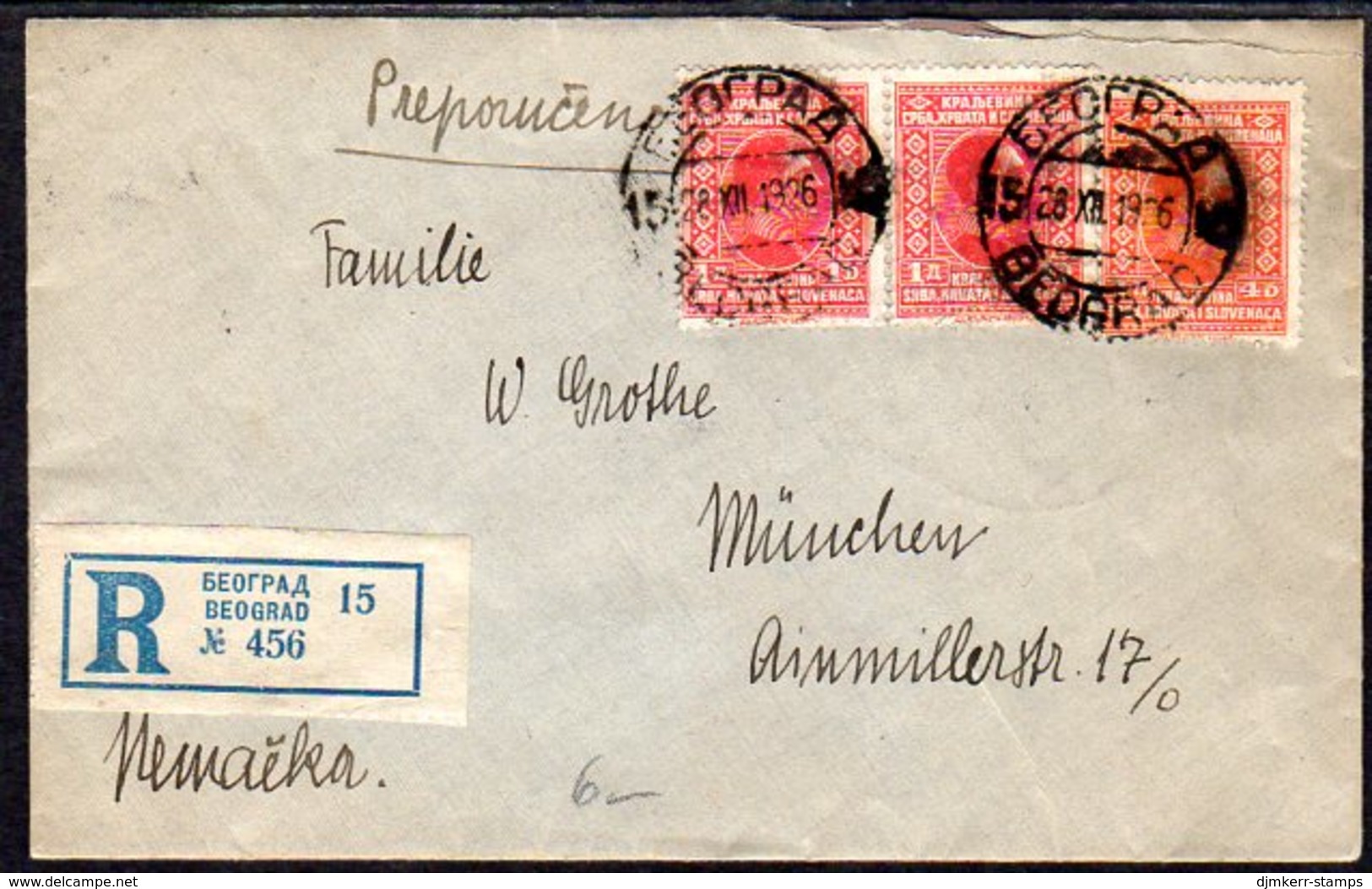 YUGOSLAVIA 1926 Registered Cover To Germany With 1 D. X 3.  Michel 190 - Lettres & Documents