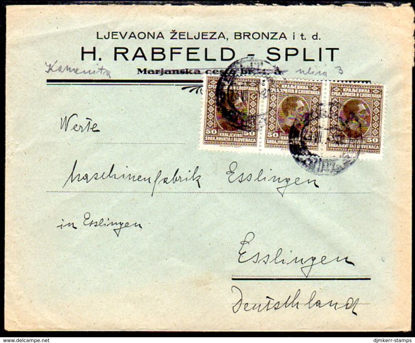 YUGOSLAVIA 1928 Commercial Cover To Germany With Flood Relief Surcharge 0.50 + 0.50 D. X 3.  Michel 192 - Briefe U. Dokumente