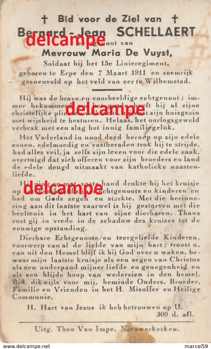 Oorlog Guerre Bernard Schellaert Erpe Soldaat Gesneuveld Te Willemstad 30 Mei 1940 Mere Nieuwerkerken 15 Linie De Vuyst - Images Religieuses