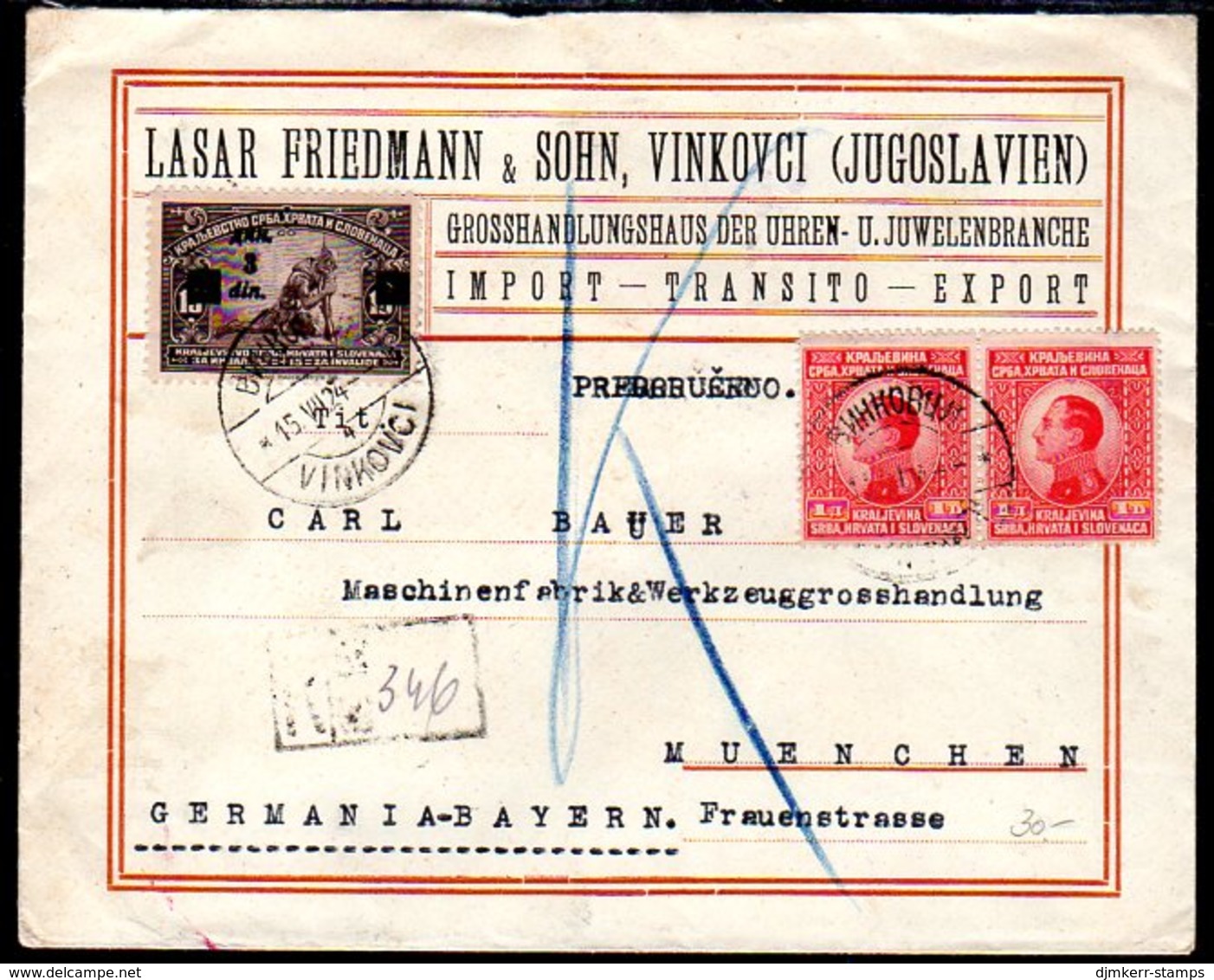 YUGOSLAVIA 1924 Registered Cover To Germany With  King Alexander 1 D X 2 And War Invalids 3 D. (blue).  Michel 165b, 176 - Briefe U. Dokumente