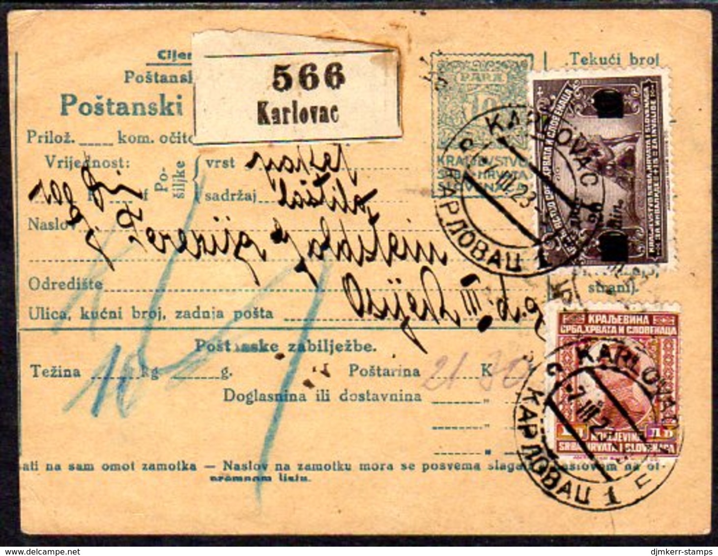 YUGOSLAVIA 1923 Parcel Card With Mixed Franking Including War Invalids 20 D. Surcharge - Lettres & Documents