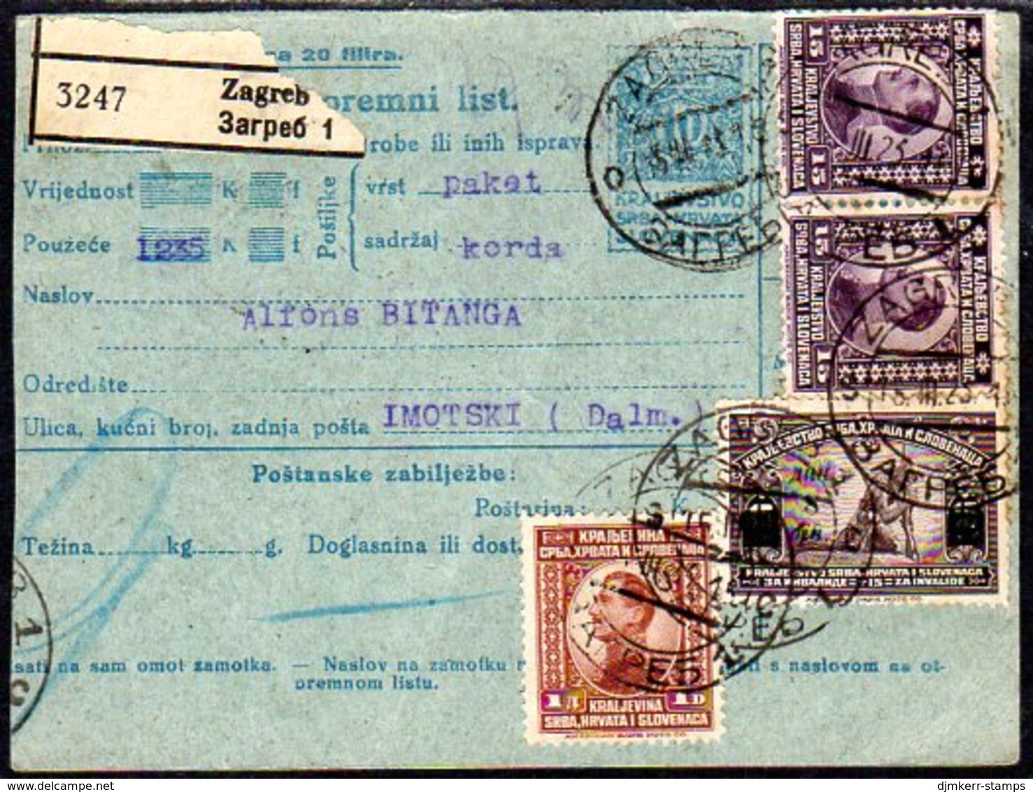 YUGOSLAVIA 1923 Parcel Card With Mixed Franking Including War Invalids 8 D. Surcharge - Brieven En Documenten