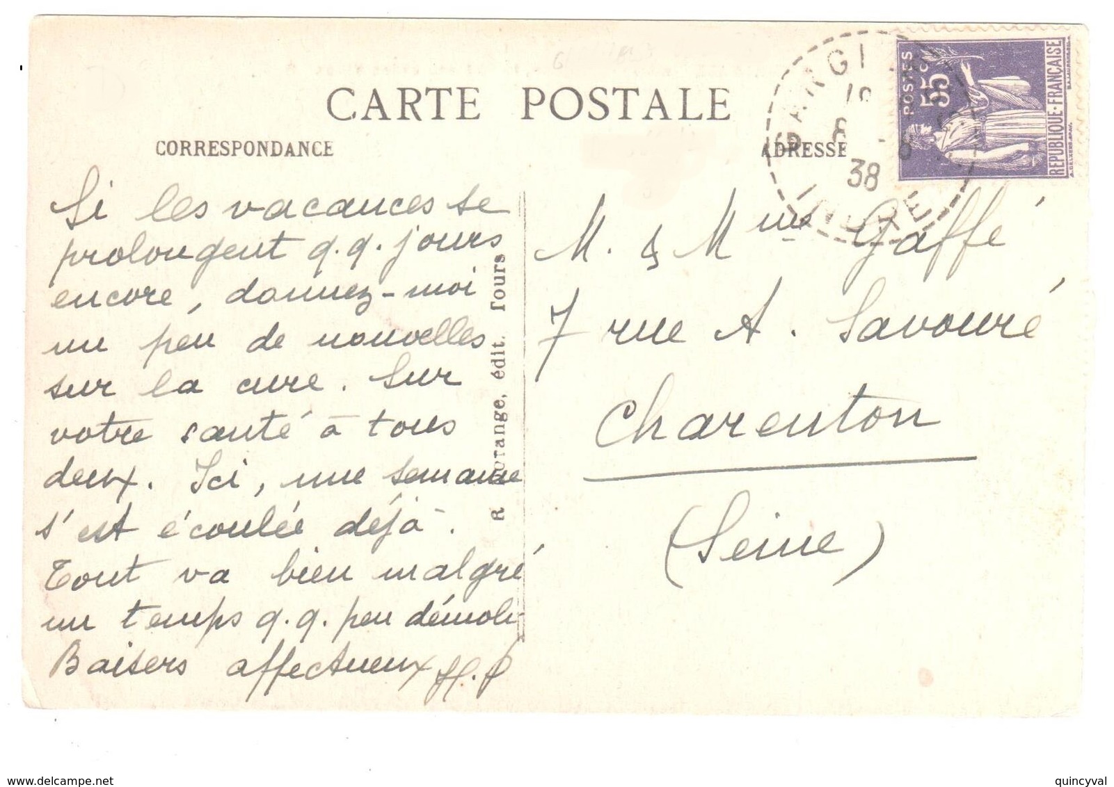 GARGILESSE Indre Carte Postale Étranger Dest Charenton Seine 55 C Violet Paix Laurens Yv 363 Ob 6 8 1938 - Lettres & Documents