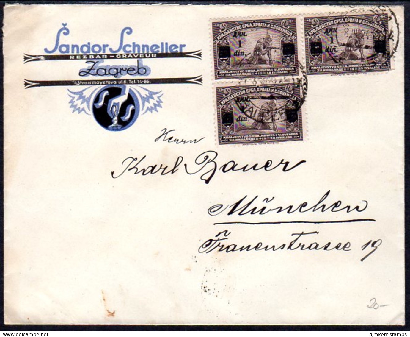 YUGOSLAVIA 1924 Commercial Cover To Germany  With War Invalids 1 D On 15 Pa. X 3 - Cartas & Documentos
