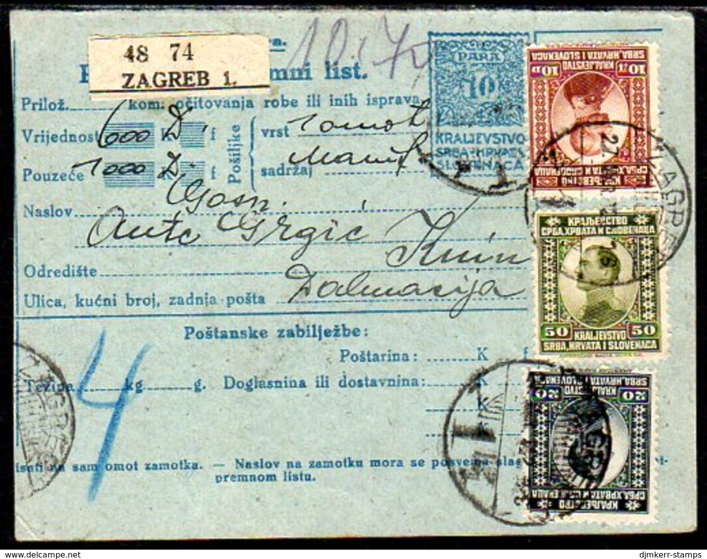 YUGOSLAVIA 1922 Parcel Card With Mixed Franking - Cartas & Documentos