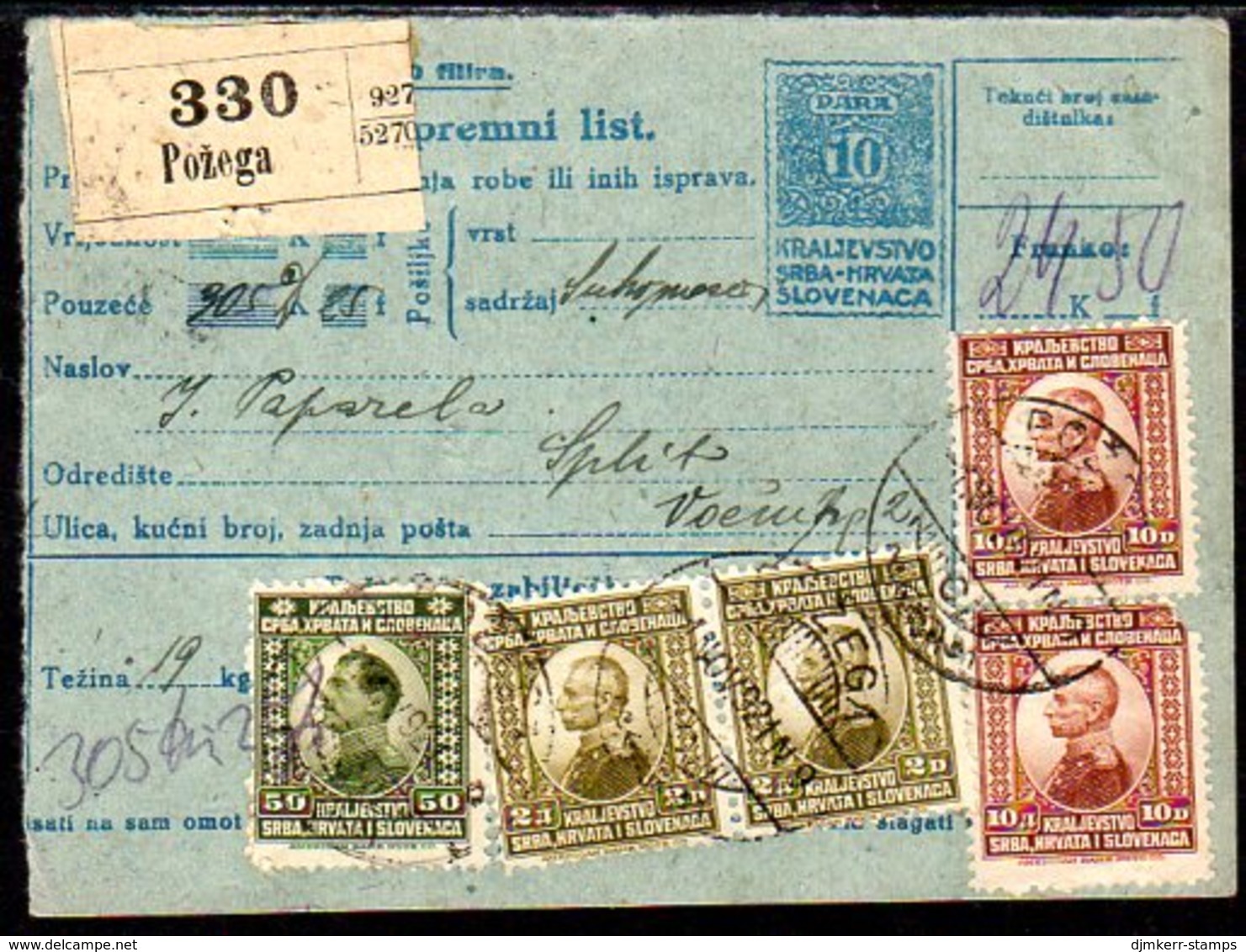 YUGOSLAVIA 1922 Parcel Card With Definitive Franking - Covers & Documents