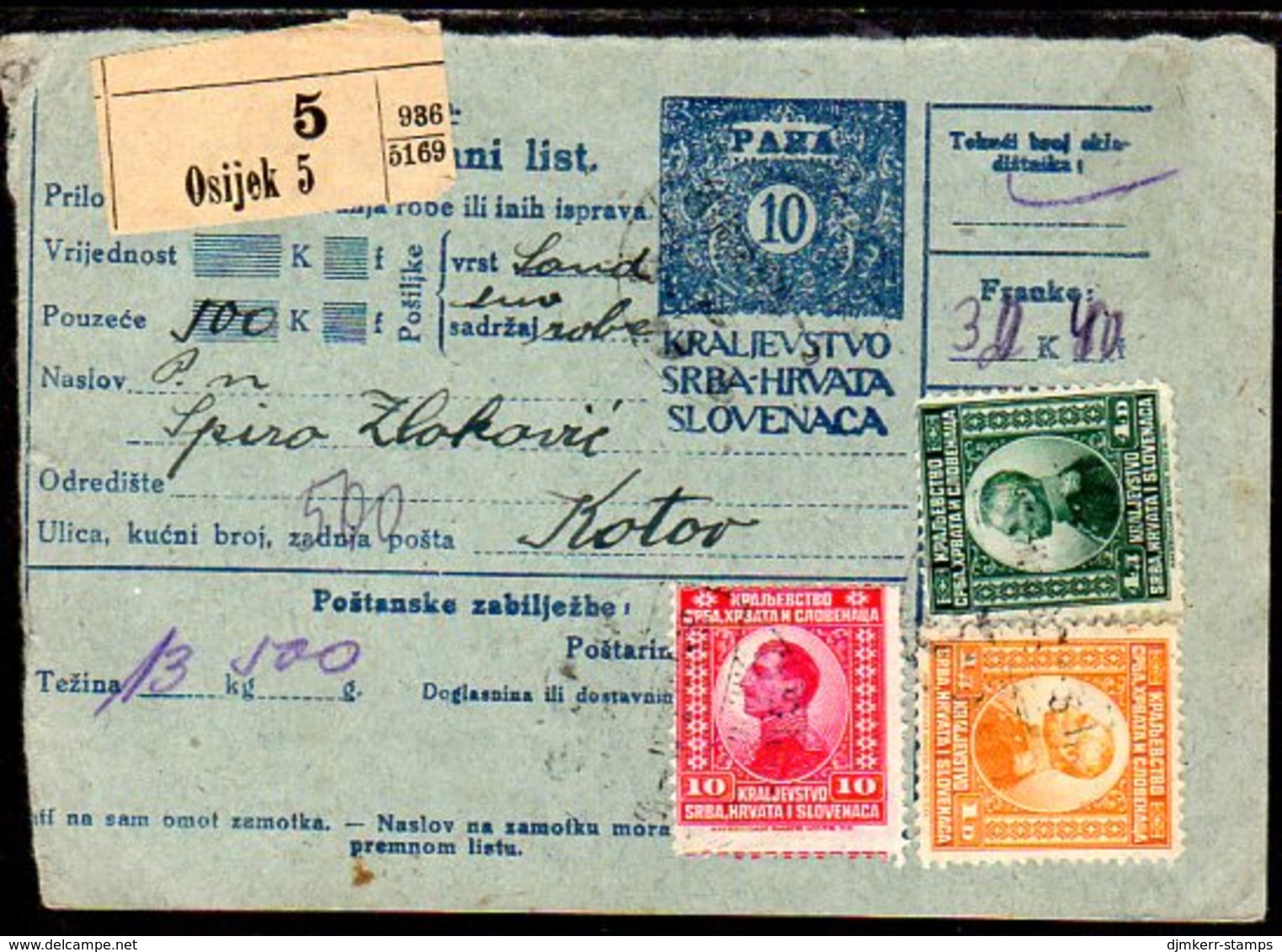 YUGOSLAVIA 1922 Parcel Card With Definitive Franking - Storia Postale