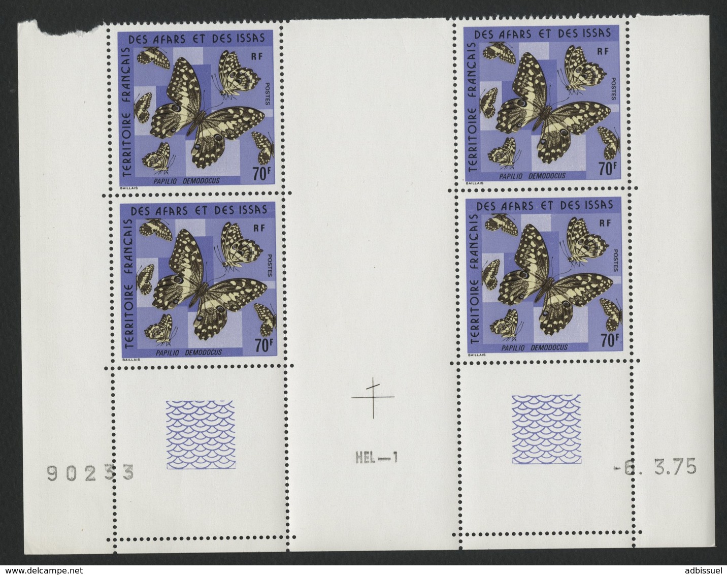 AFARS Et ISSAS COTE 38 € N° 407 ** (MNH) BLOC DE 4 AVEC COIN DATE DU 6/3/75. PAPILLONS. TB - Schmetterlinge