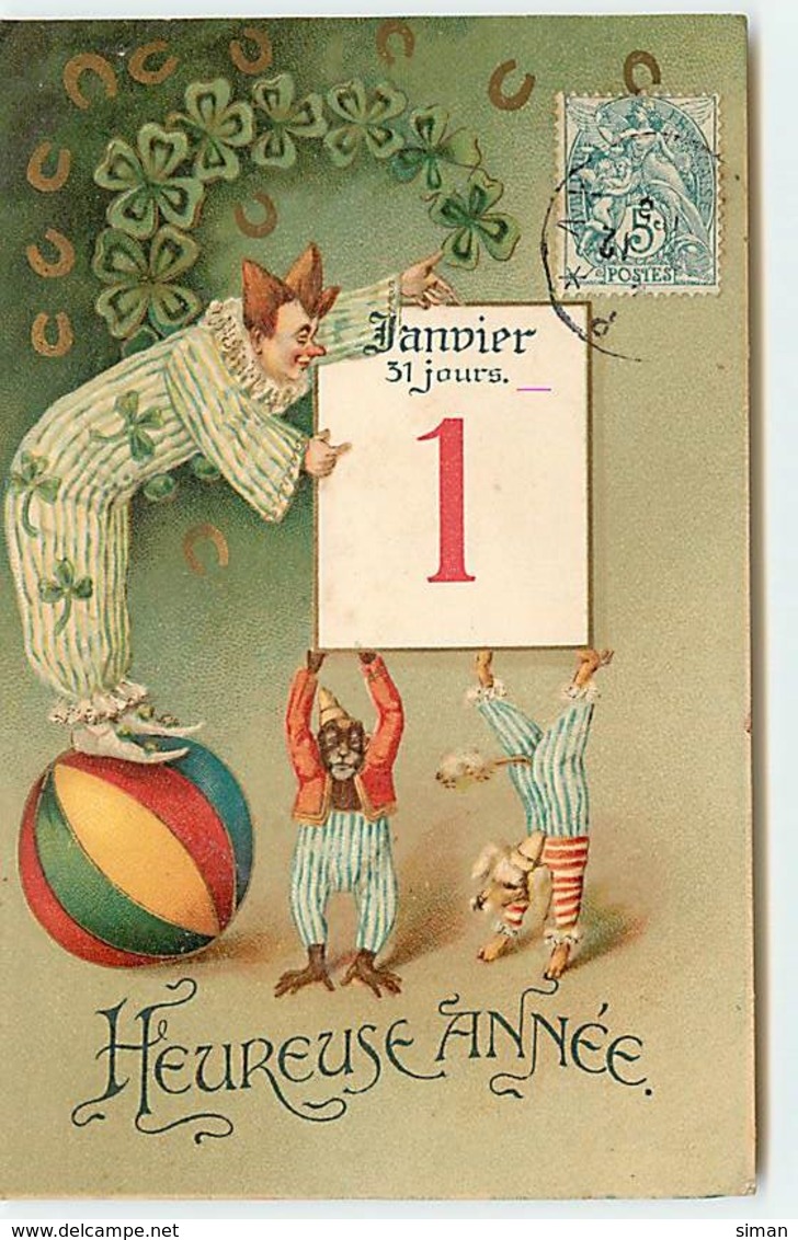 N°14588 - Heureuse Année - Clown Près D'un Ephéméride Avec Un Singe, Et D'un Chien - 1er Janvier - Nouvel An