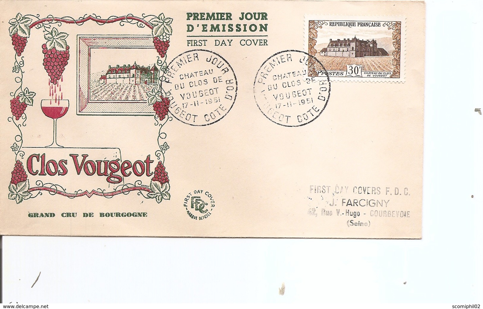 Vins - Clos Vougeot ( FDC De France De 1951 à Voir) - Vins & Alcools