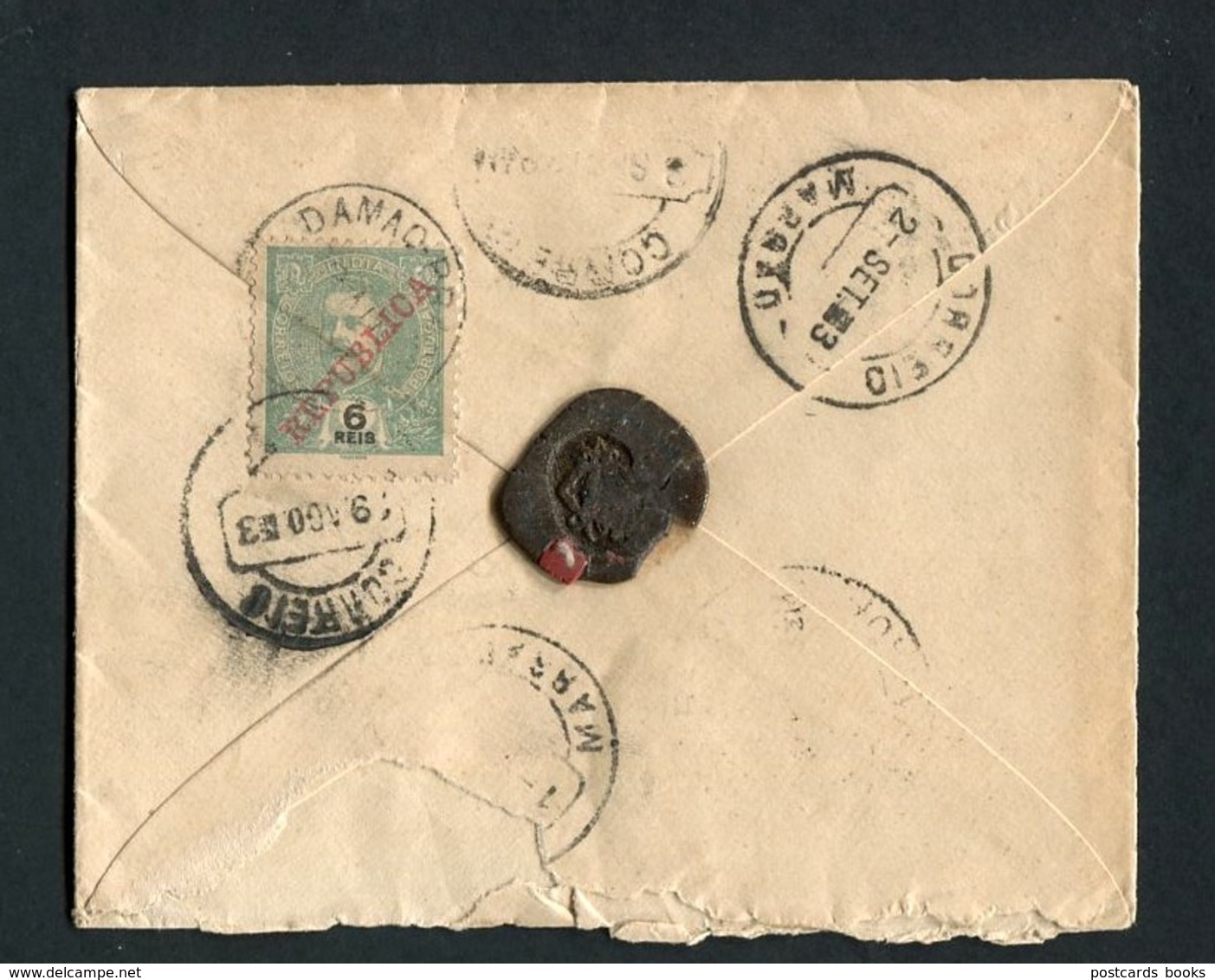 Envelope Circulado 1913 C/ Selo Mouchon D.Carlos, Lacre E 6 Carimbos (Margão, Damao, Etc) INDIA To Goa PANGIM / PORTUGAL - Inde Portugaise