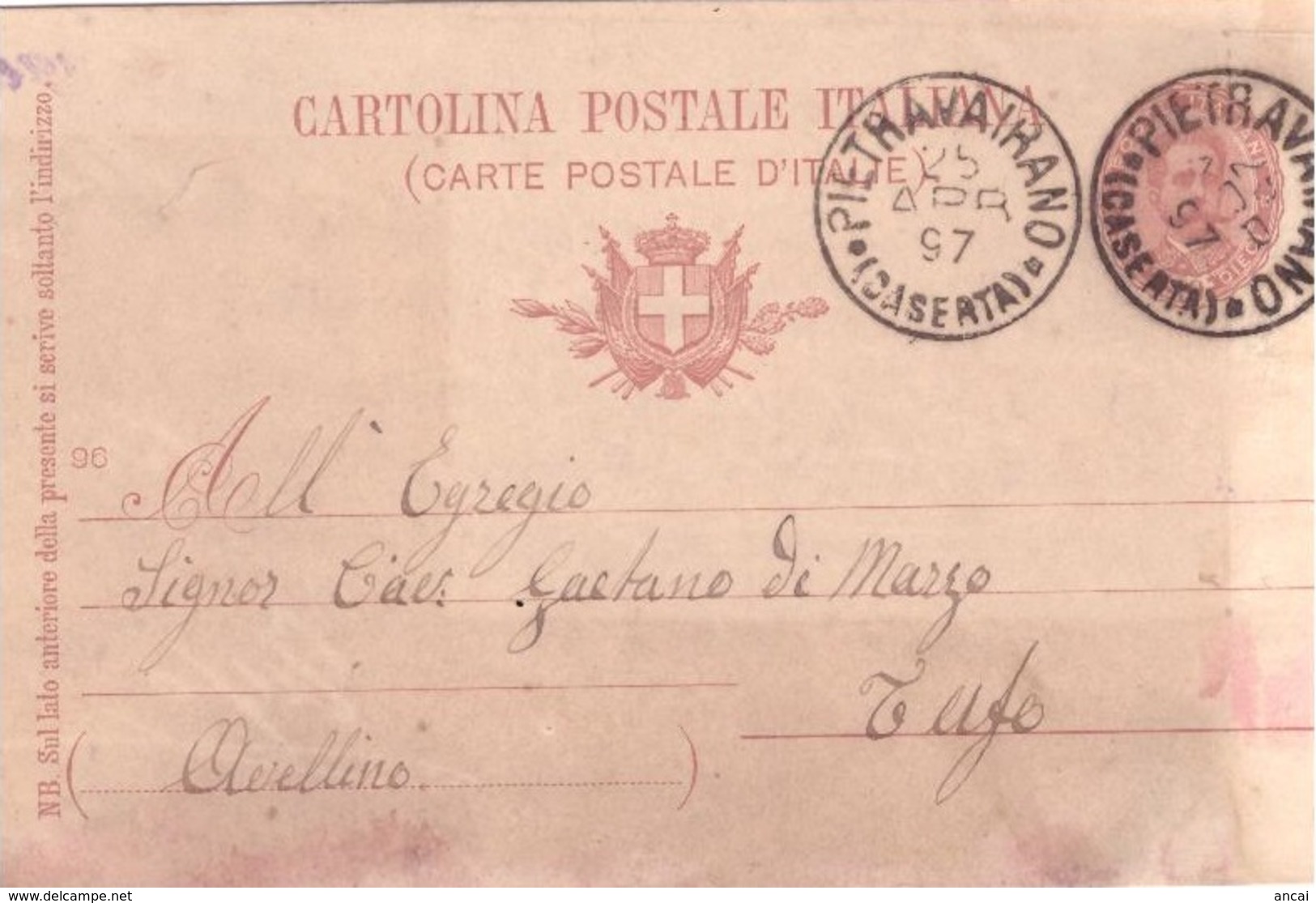 Pietravairano. 1897. Annullo Grande Cerchio PIETRAVAIRANO (CASERTA), Su Cartolina Postale - Storia Postale