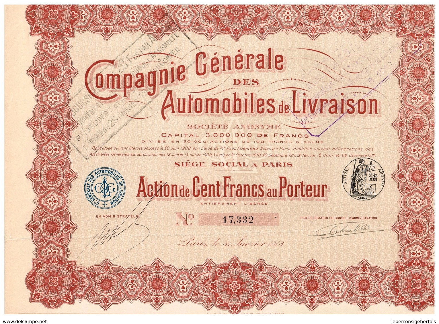 Titre Ancien - Compagnie Générale Des Automobiles De Livraison - Société Anonyme - Titre De 1913 - Cars