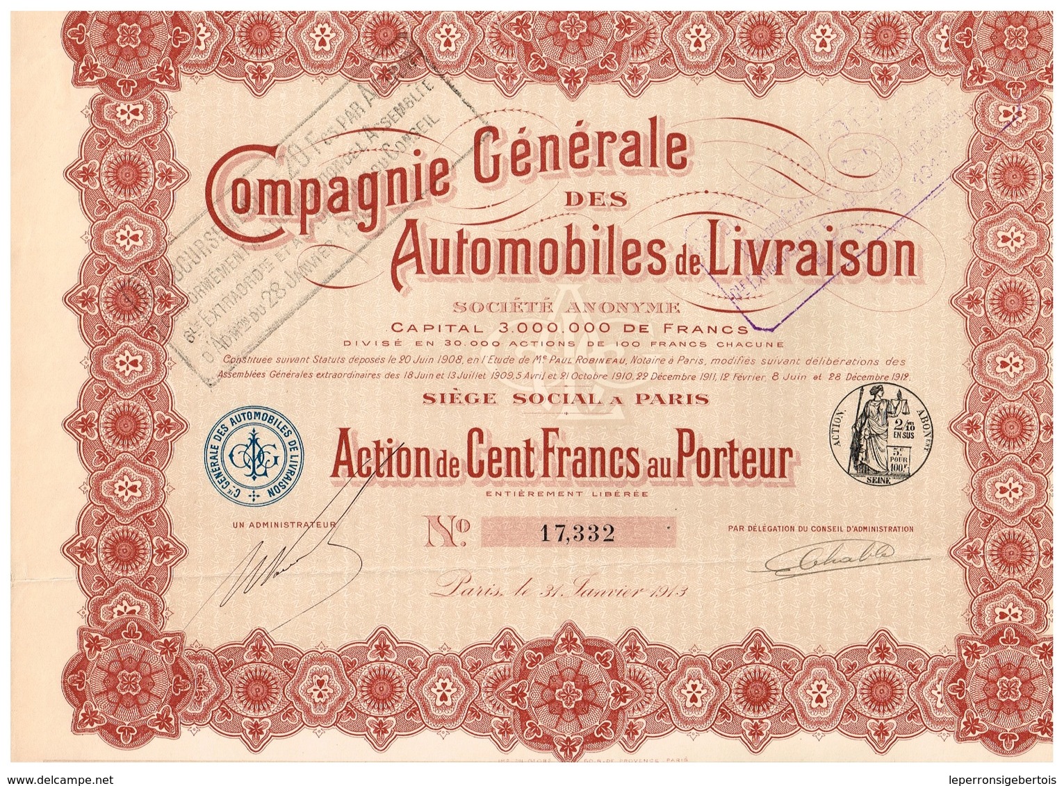 Titre Ancien - Compagnie Générale Des Automobiles De Livraison - Société Anonyme - Titre De 1913 - Automobilismo