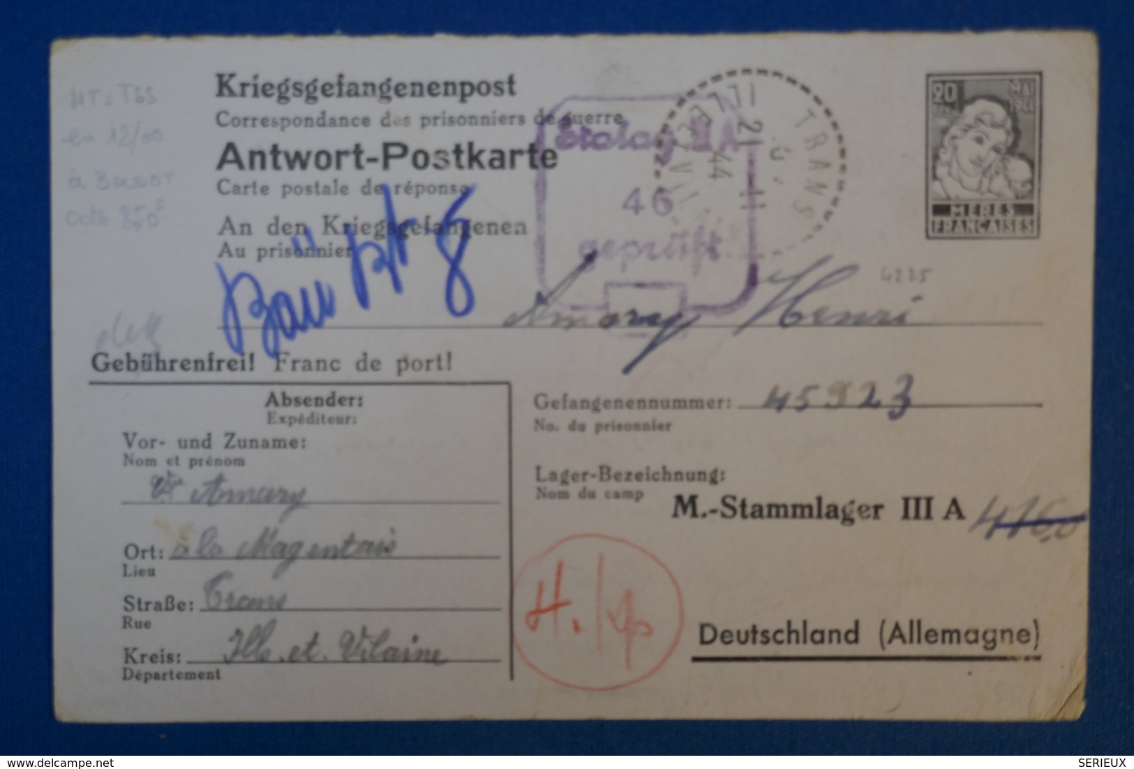 B83 ALLEMAGNE FRANCE  STALAG IIA CARTE 1944 RARE POUR ILE ET VILAINE MAGENTAIS  + AFRANCH INTERESSANT + TEMOIGNAGE - Lettres & Documents