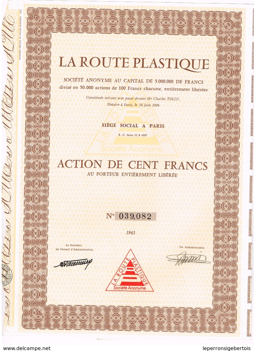 Titre Ancien - La Route Plastique - Société Anonyme - Titre De 1963 - Auto's