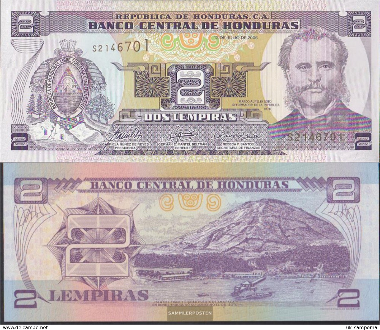 Honduras Pick-number: 80A F Uncirculated 2006 2 Lempiras - Honduras