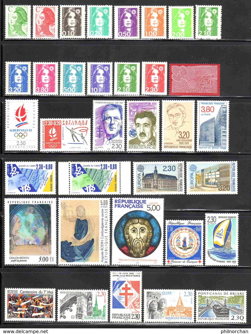 France 1990 Année Complète Neuve** Sauf N°2629/30   Ex N°2    TB   20 €  (faciale 25,64 € €  58 Valeurs) - 1990-1999