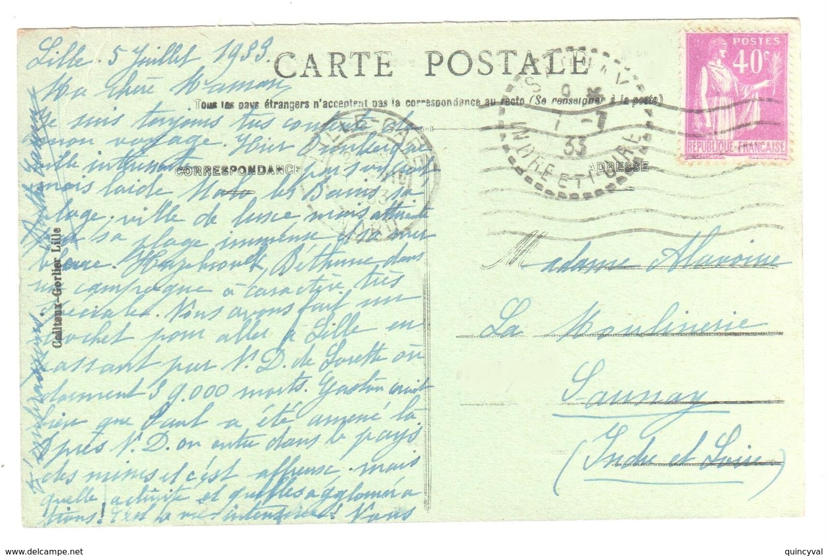 LILLE Nord Carte Postale 40c Paix Lilas Yv 281 Dest Saunay Indre Loire Marque Arrivée Ob 1933 - Lettres & Documents
