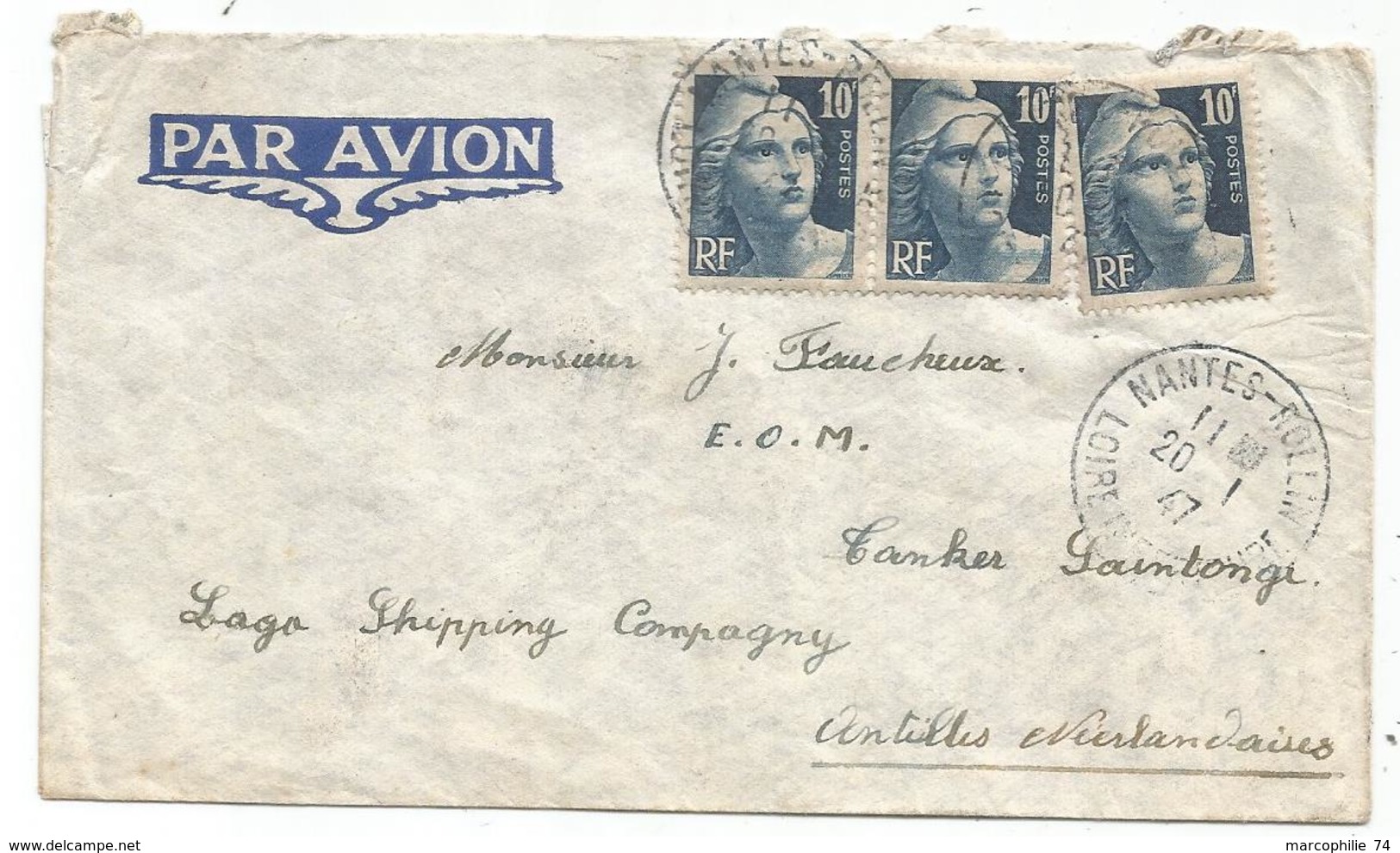 GANDON 10FR GRAVE X3 LETTRE AVION NANTES 20.1.1947 POUR LAGO ANTILLES NEERLANDAISES AU TARIF DESTINATION RARE - 1945-54 Marianne De Gandon