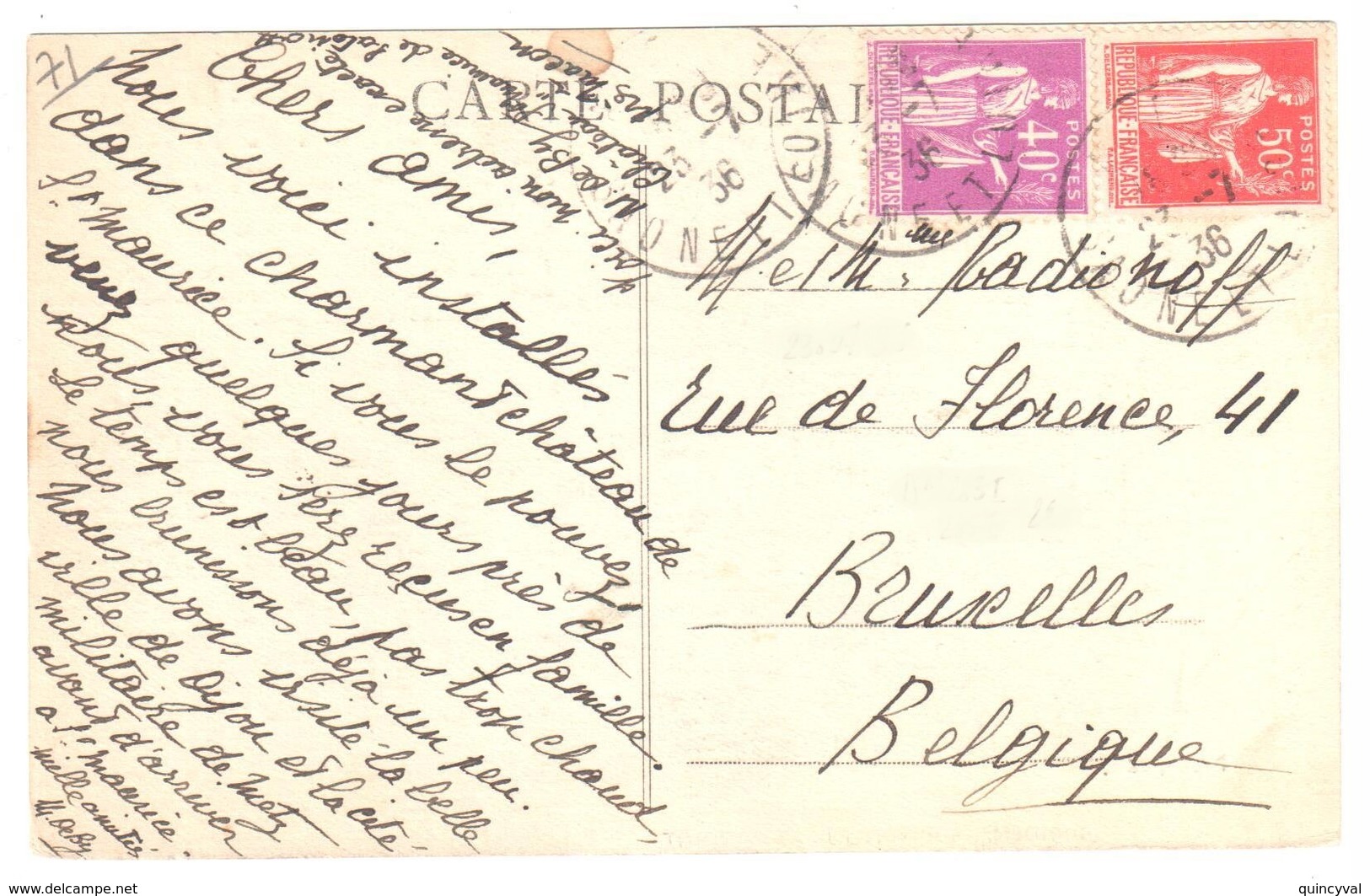 Carte Postale Étranger 40c 50c Paix Yv 281 293 Dest Bruxelles Belgique Ob 1936 - Lettres & Documents