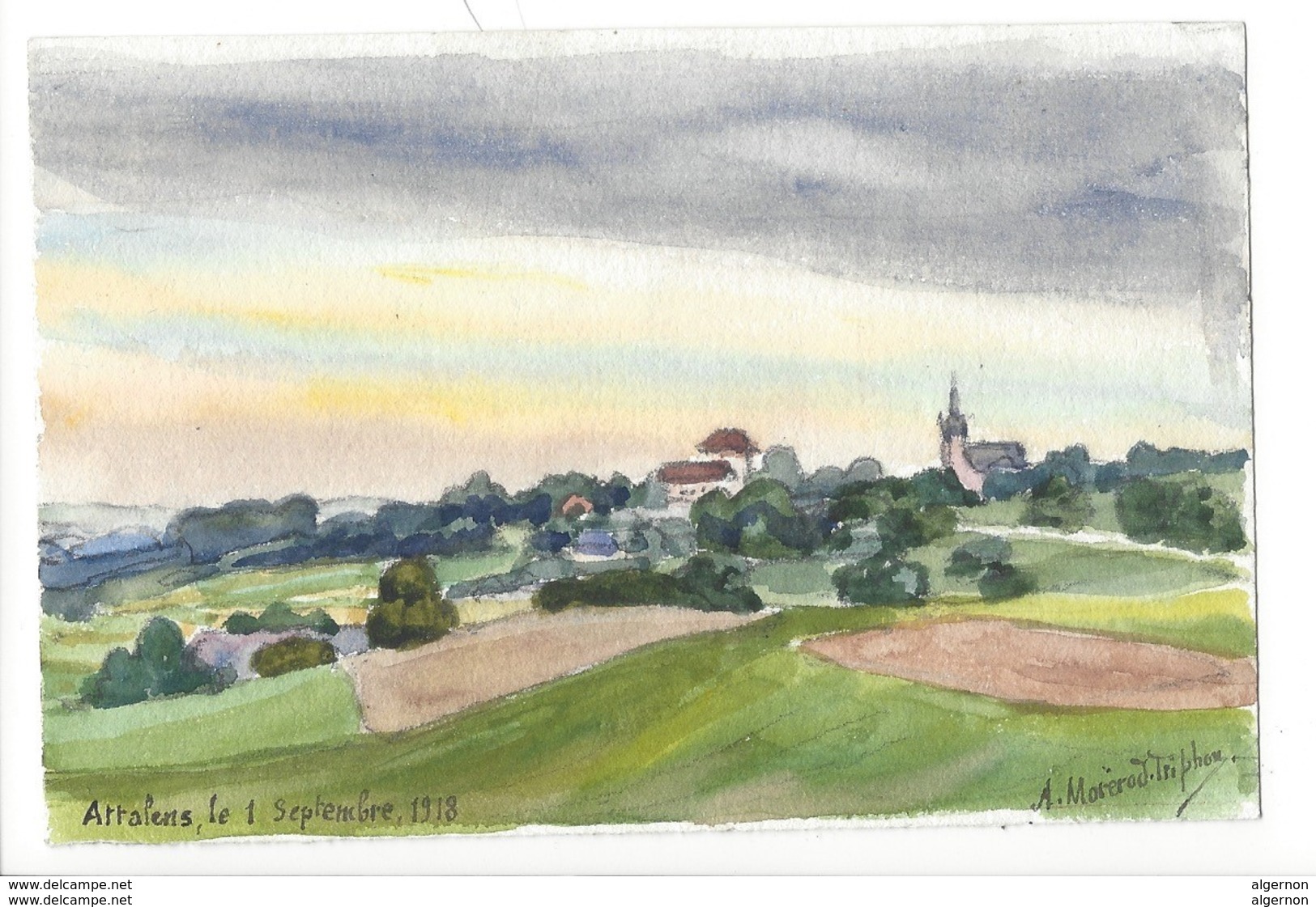 21269-  Attalens 1918 Petite Aquarelle (9 X 14) Signée Et Datée  A. Morerod-Triphon Peintre 1871-1948 - Watercolours