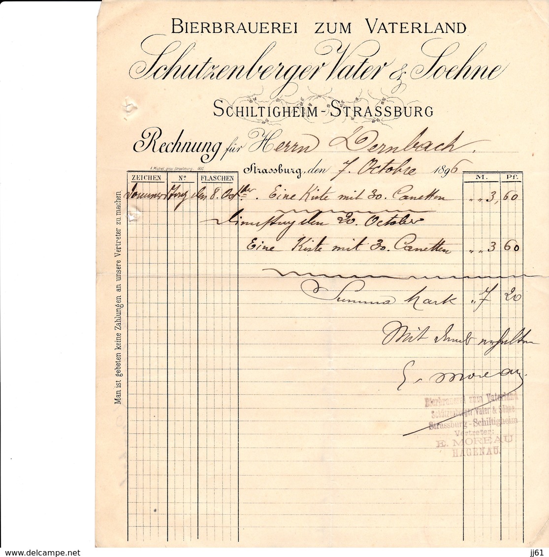 SCHILTIGHEIM STRASSBURG SCHUTZENGERGER VATER SOEHNEBIERBRAUEREI ZUM VATERLAND ANNEE1896 CACHET VERTRETER MOREAU HAGUENAU - Other & Unclassified