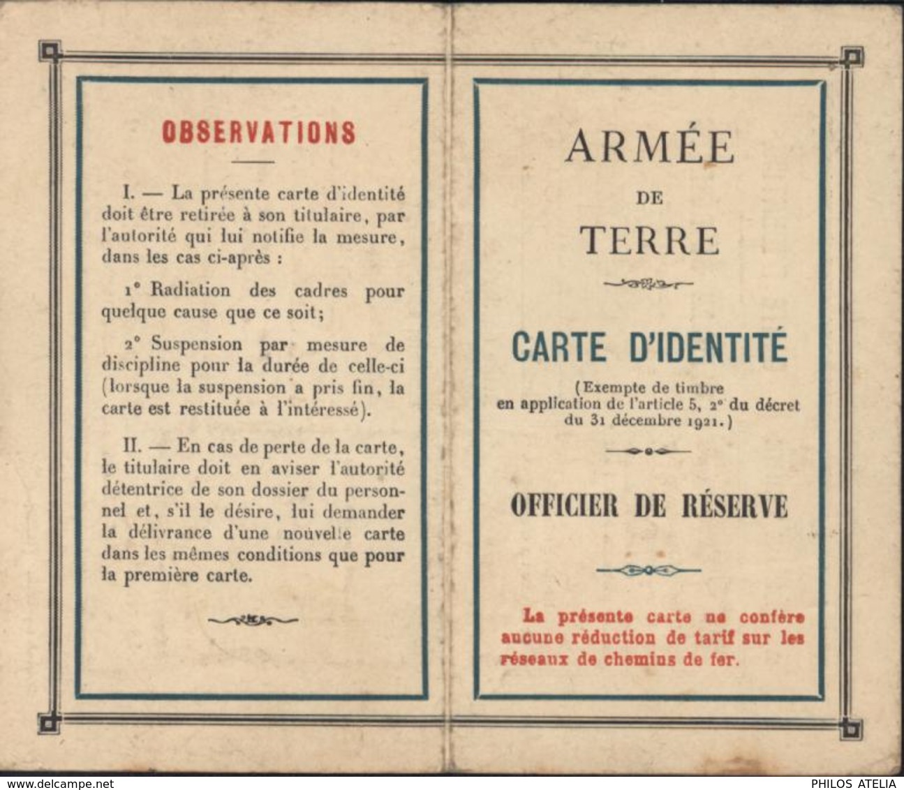 Armée De Terre Carte D'identité Officier De Réserve Cachet Centre De Mobilisation Infanterie N°122 Périgueux 3 2 1928 - Cachets Militaires A Partir De 1900 (hors Guerres)