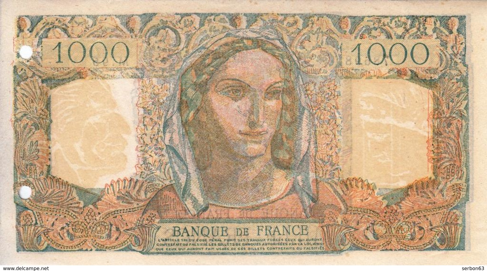 FAUX D’ÉPOQUE 1000 FRANCS MINERVE & HERCULE TYPE 1945 RARE BILLET AVEC FILIGRANE AU VERNIS DEUX PERFORATIONS Serbon63 - 1 000 F 1945-1950 ''Minerve Et Hercule''