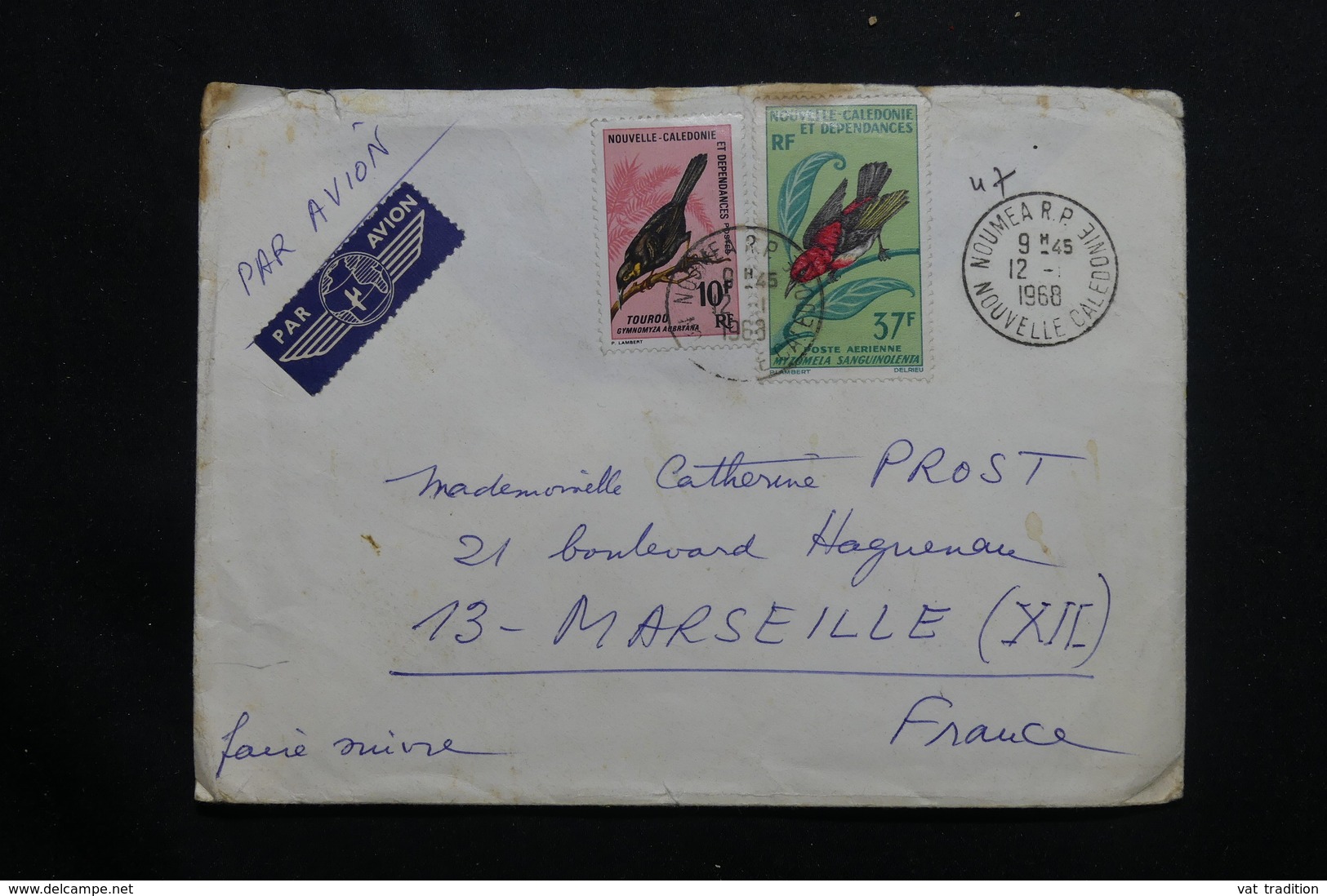 NOUVELLE CALÉDONIE - Enveloppe De Nouméa Pour Marseille En 1968, Affranchissement Plaisant Oiseaux - L 55652 - Storia Postale