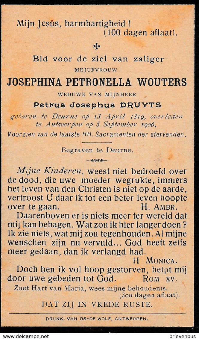 Deurne, Antwerpen, 1906, Josphina Wouters, Druyts - Images Religieuses