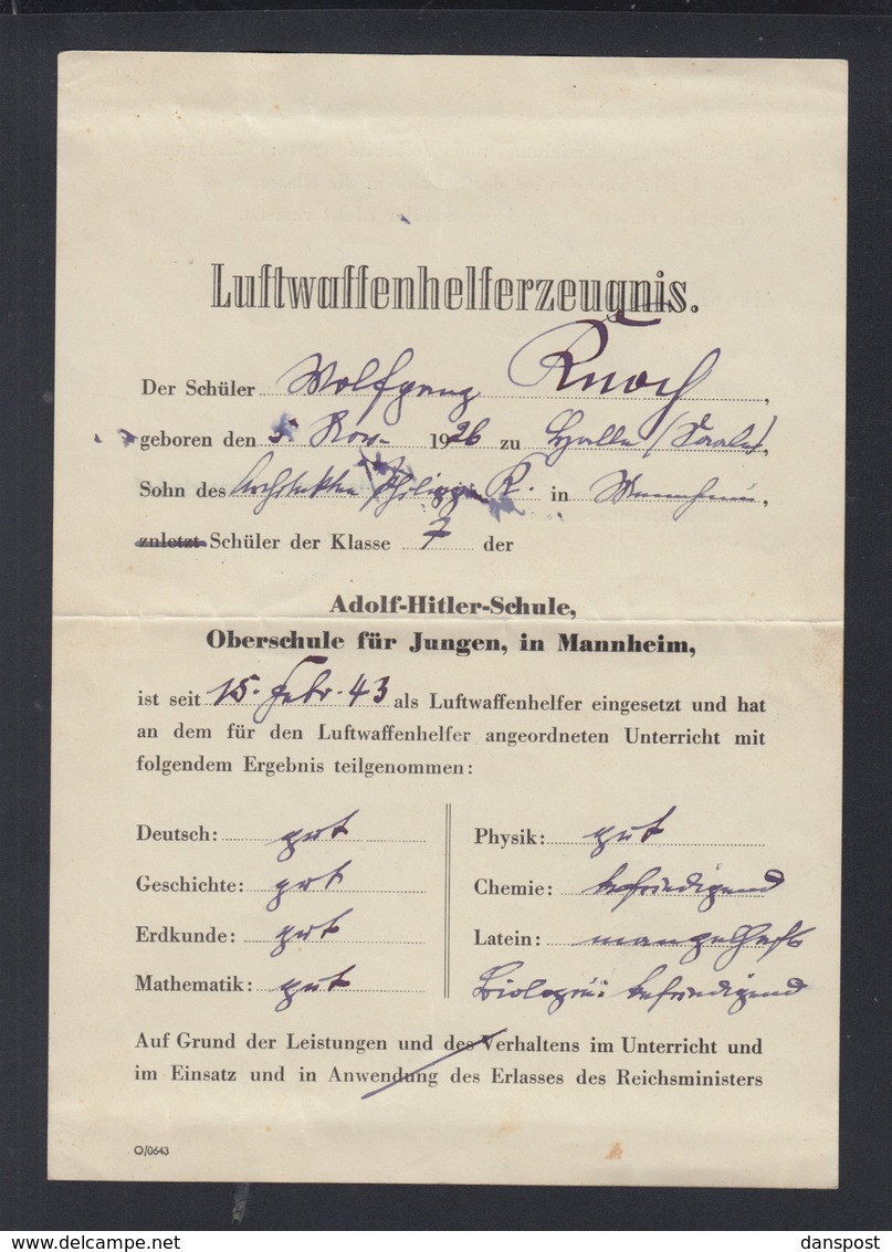 Dt. Reich Luftwaffenhelferzeugnis Mannheim 1943 - Diplomas Y Calificaciones Escolares