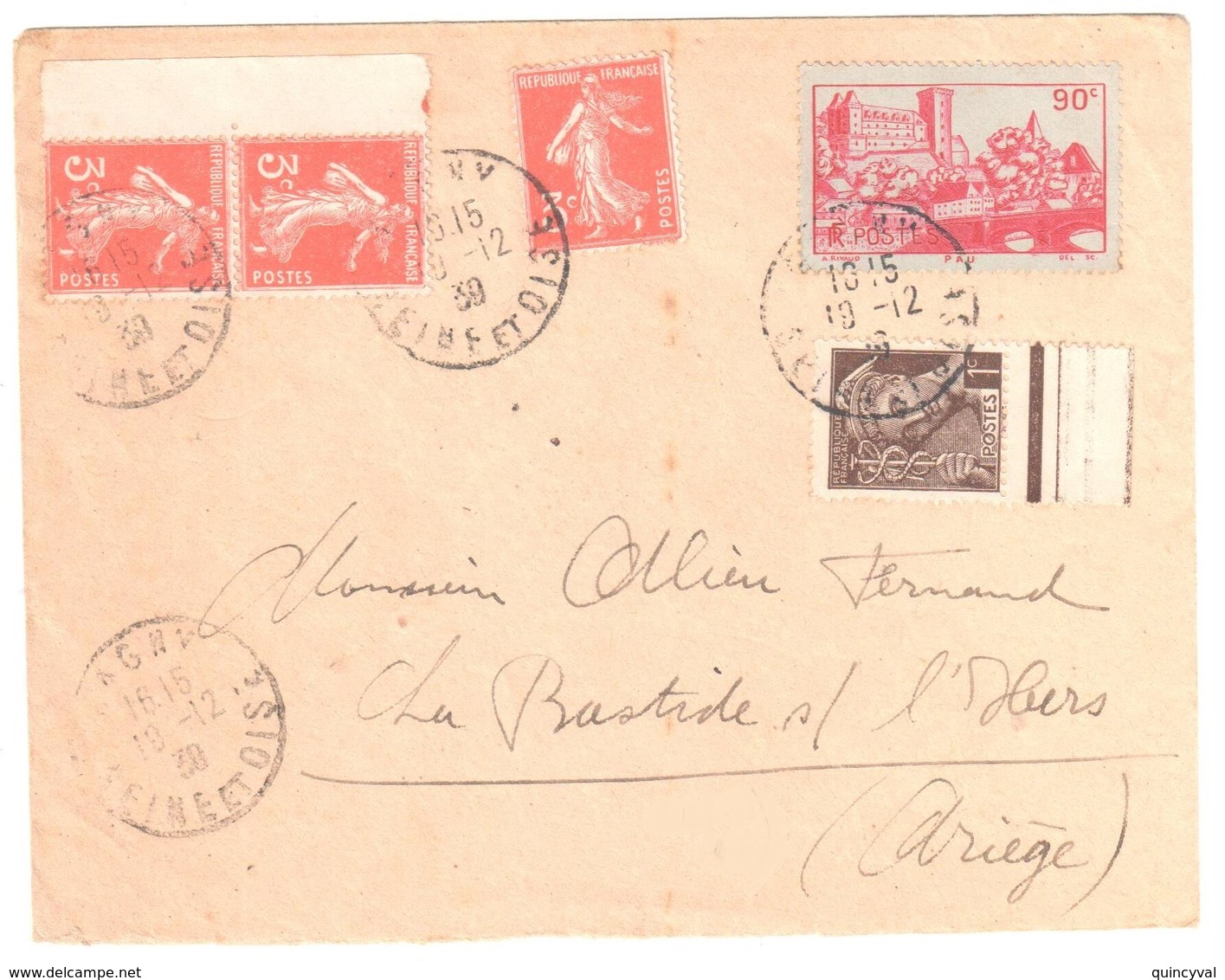 GAGNY Seine Et Oise Lettre 3c Semeuse Orange 1c Mercure 90c Château Pau Yv 278A 404 449 Ob 19 12 1939 - Lettres & Documents