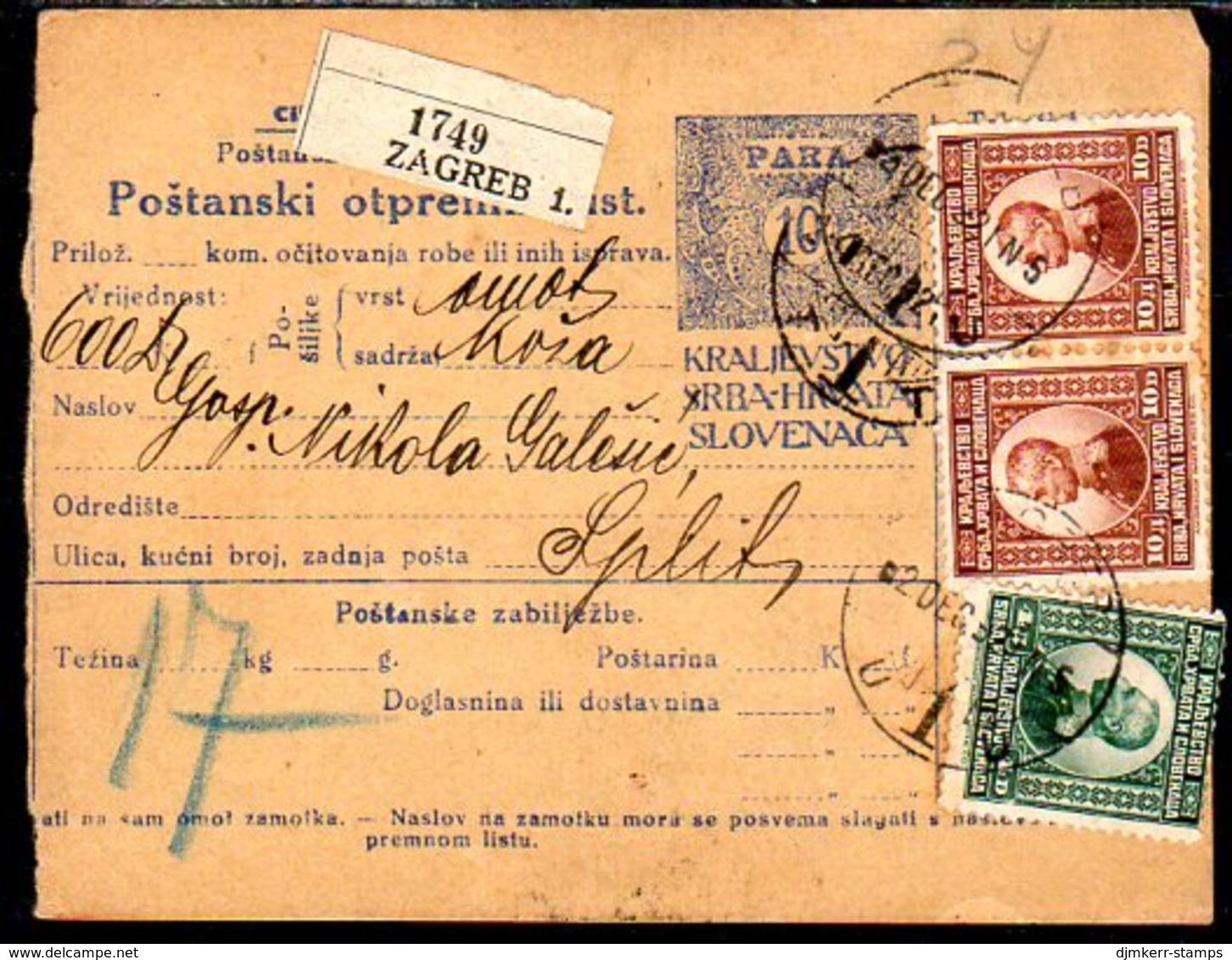 YUGOSLAVIA 1921 Parcel Card With Definitive Franking - Covers & Documents